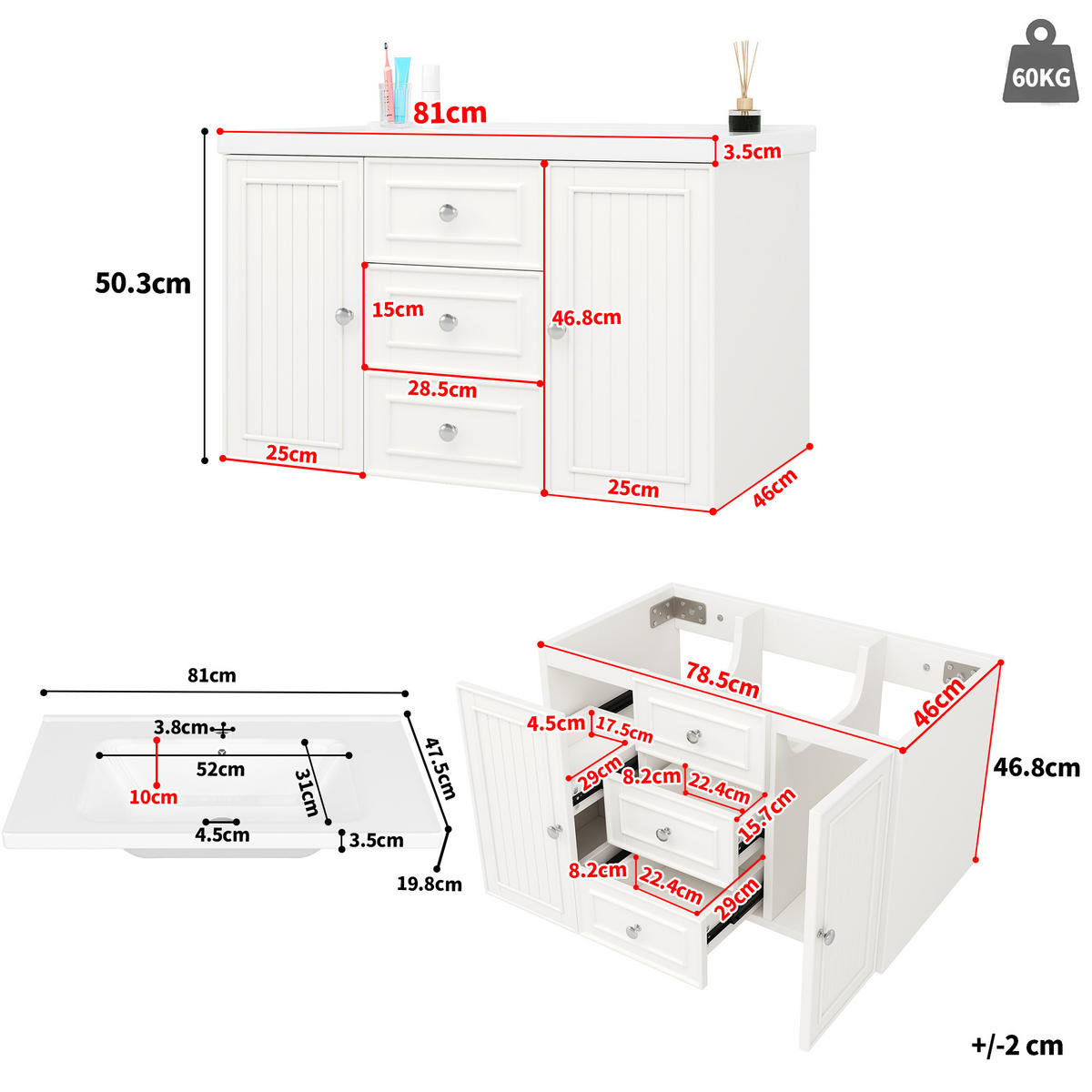 WASCHTISCH 78.5x46x46.8cm Weiß Mit 3 Schubladen & Waschbecken - Weiß, Holzwerkstoff (46/46.8/78.5cm) - FLIEKS