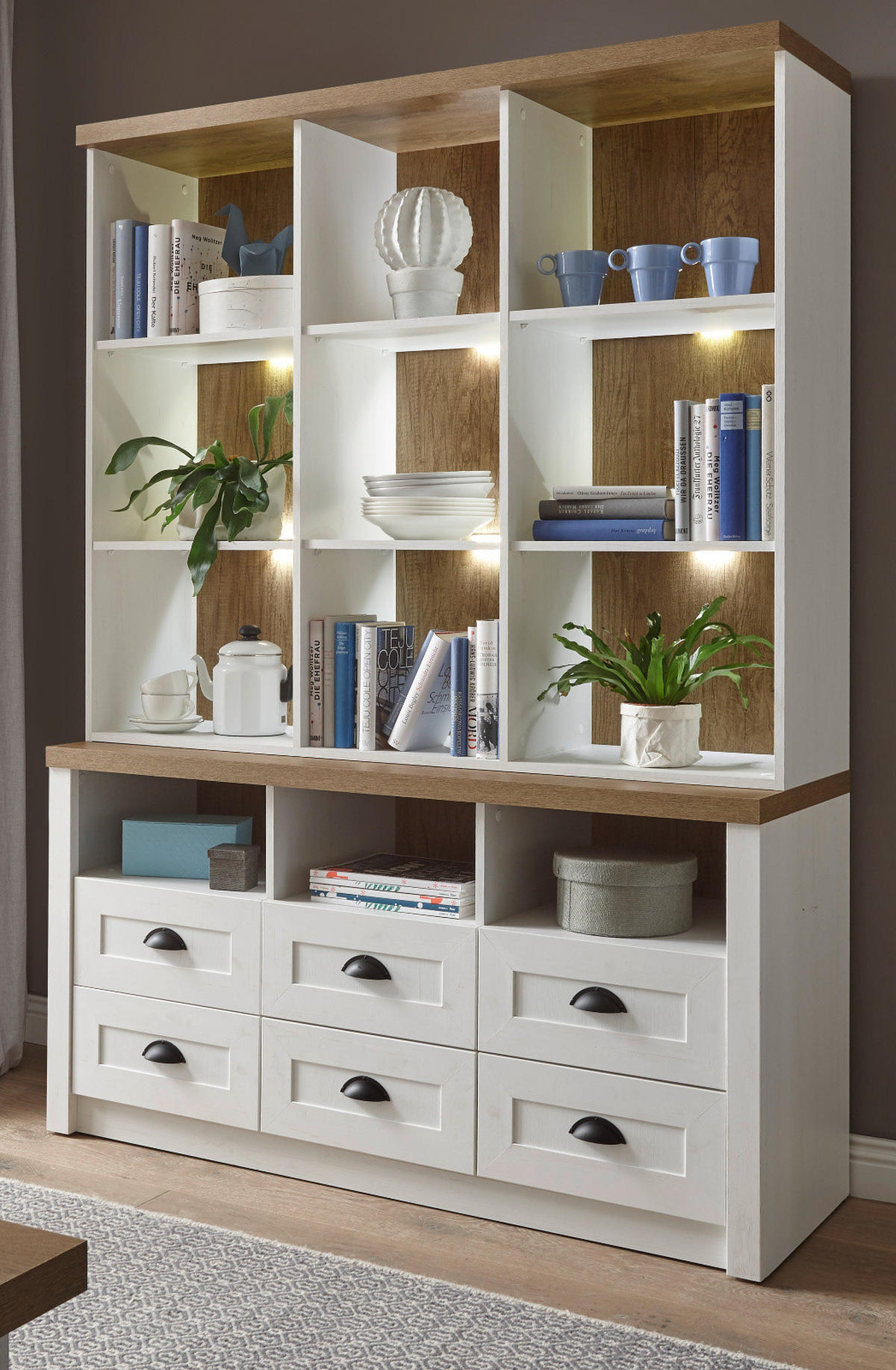 BUFFETSCHRANK weiß Pinie, Eiche hell Landhaus, Buffet 130 x 179 cm - Eichefarben/Schwarz, Holzwerkstoff/Metall (130/179/43cm) - Furn.Design