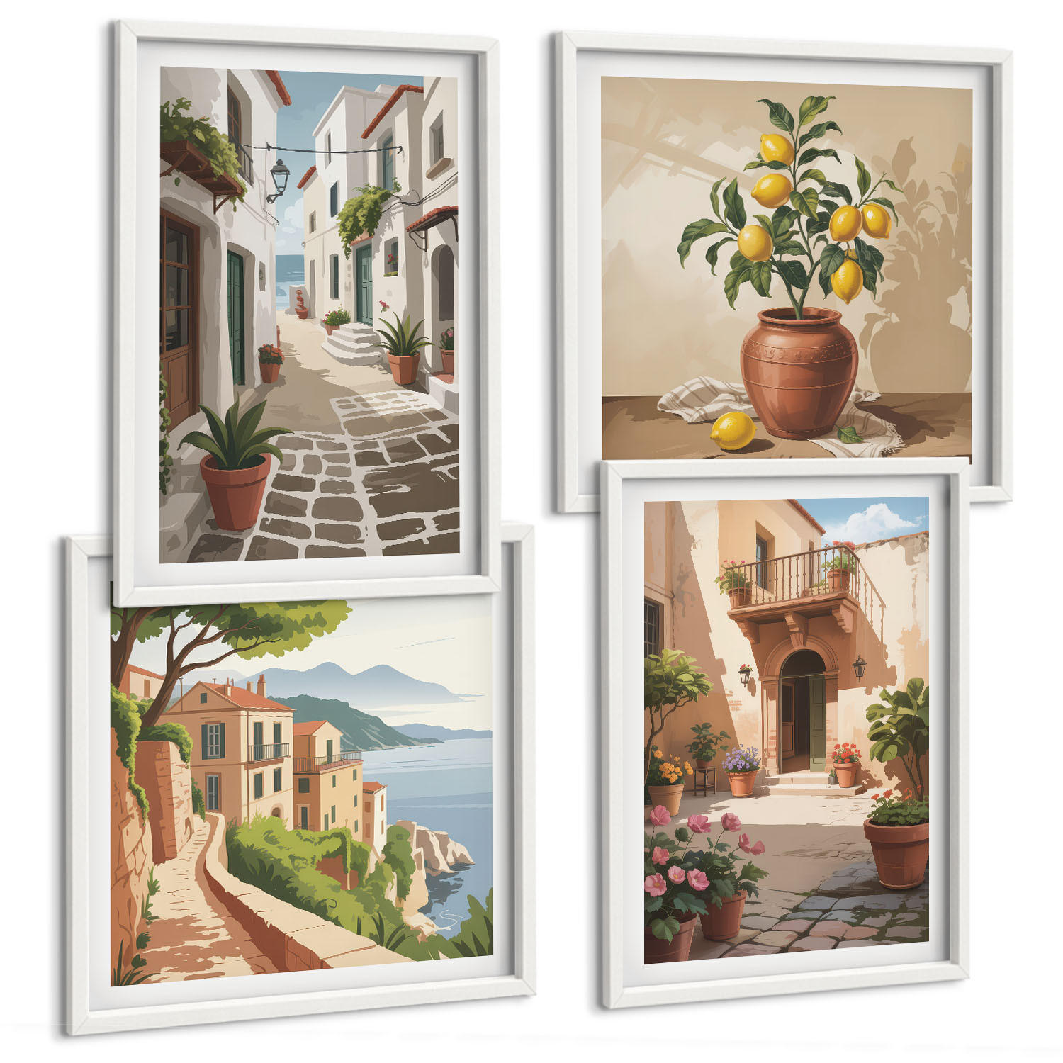 BILDER SET 4er Set - 50x50 cm & 40x60 cm Weißer Rahmen - Straßen, Häuser, Pflanzen, Töpfe - Weiß, Kunststoff (50/50cm) - TULUP