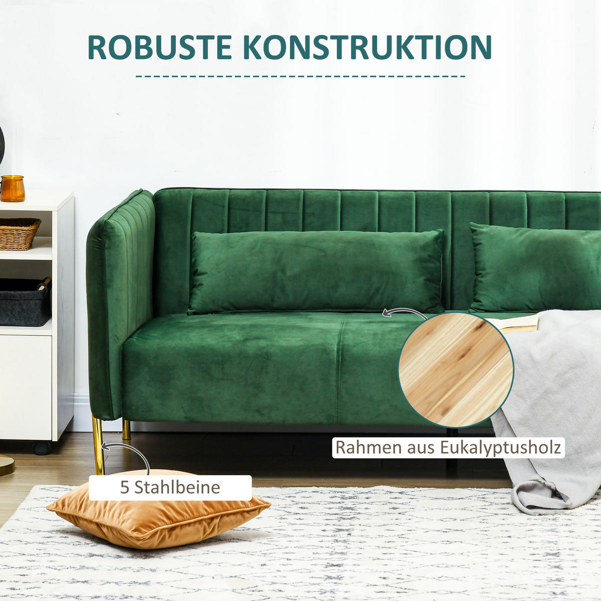 3 Sitzer Sofa Gästesofa mit 2 Sitzkissen, dreier Couch mit Armlehne, Grün - Grün, Kunststoff/Textil (88/76/200cm) - HOMCOM