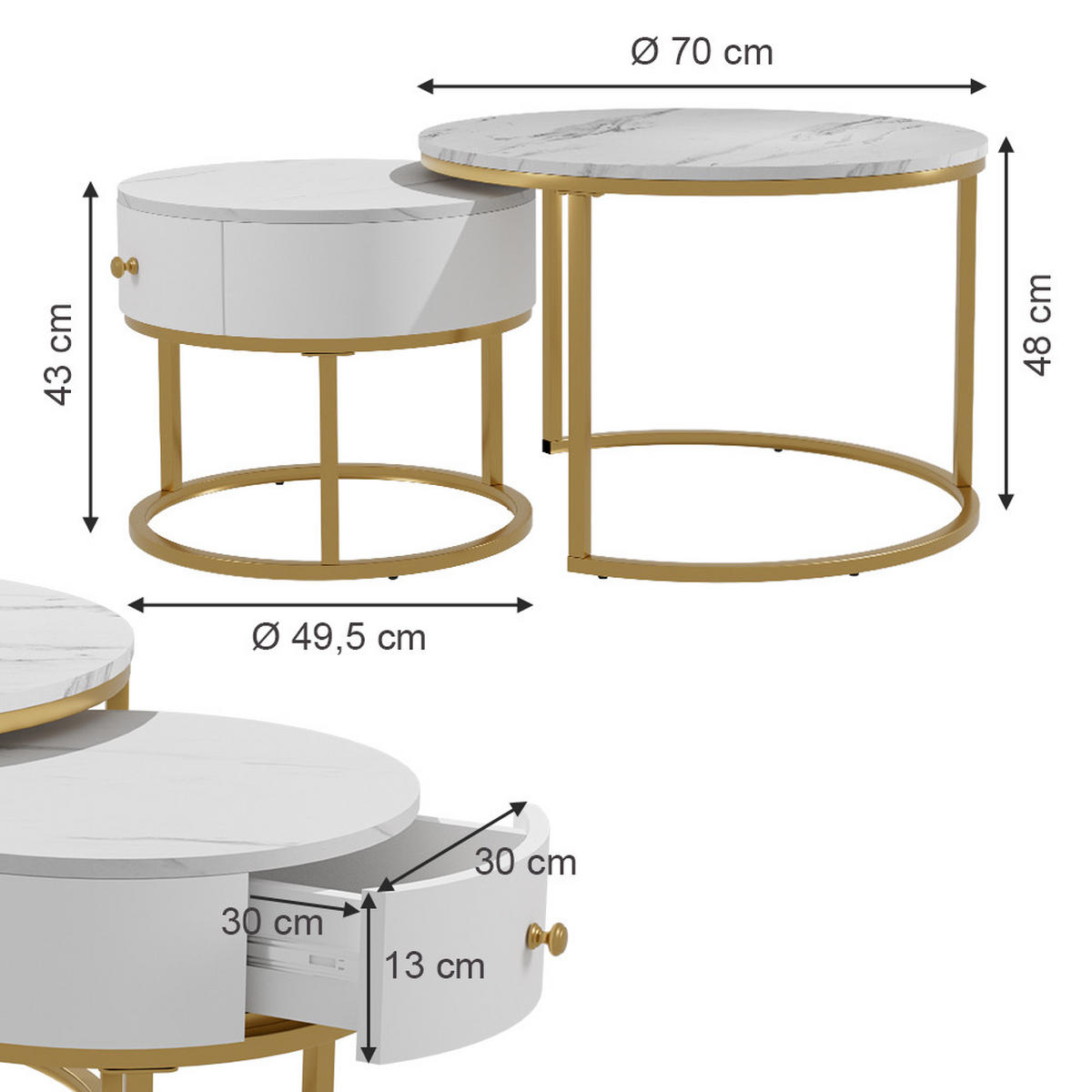 COUCHTISCH-SET Madrid Marmor Weiß 70 x 70 cm , kleiner Tisch mit Schublade - Weiß Hochglanz, Holzwerkstoff (70/70/48cm) - Vicco