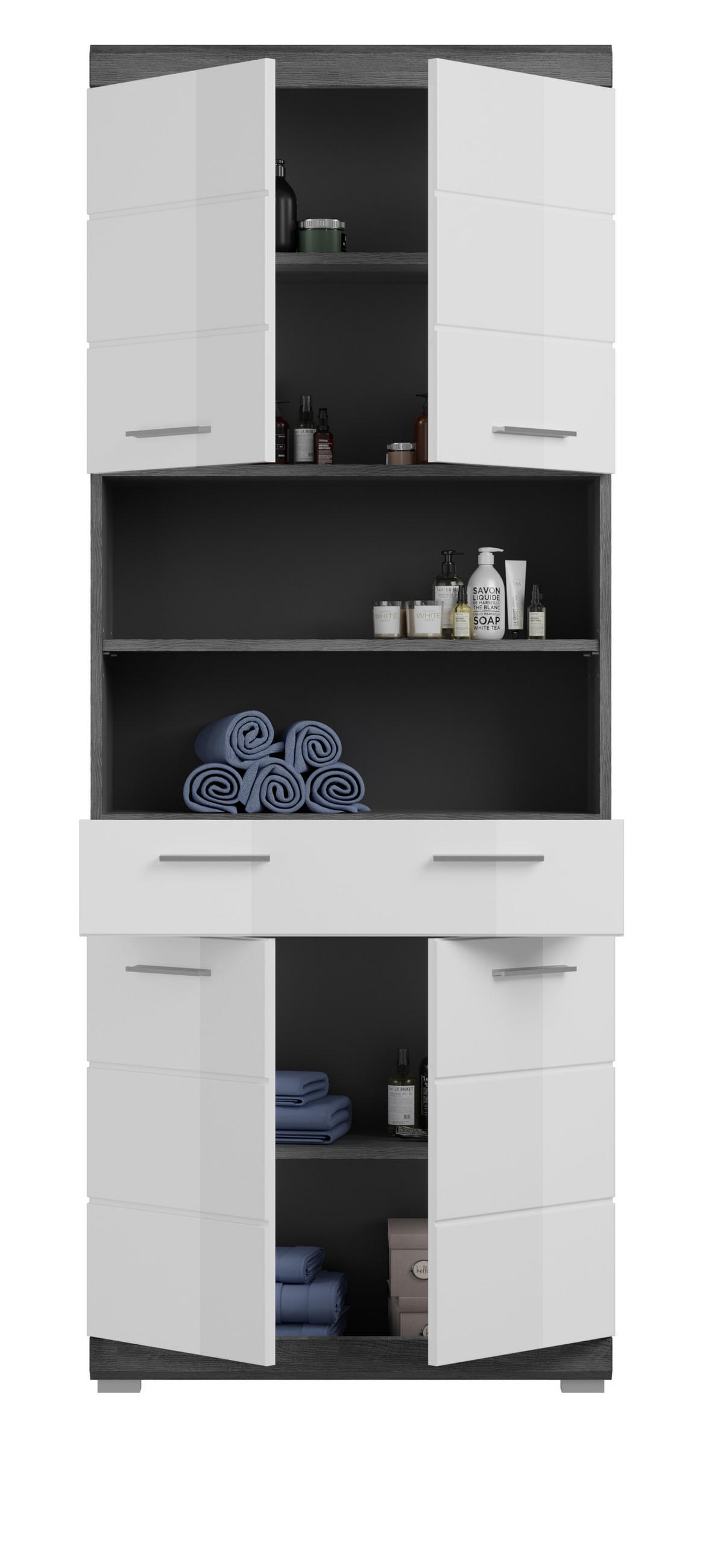 HOCHSCHRANK weiß Hochglanz, grau 4-türig 74 x 191 cm - Chromfarben/Weiß Hochglanz, Holzwerkstoff/Kunststoff (74/191/31cm) - Inn.Furn
