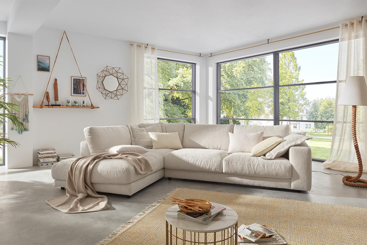 ECKSOFA MADELINE Cremeweiß Cord - Creme/Schwarz, Kunststoff/Textil (325/224cm) - KAWOLA