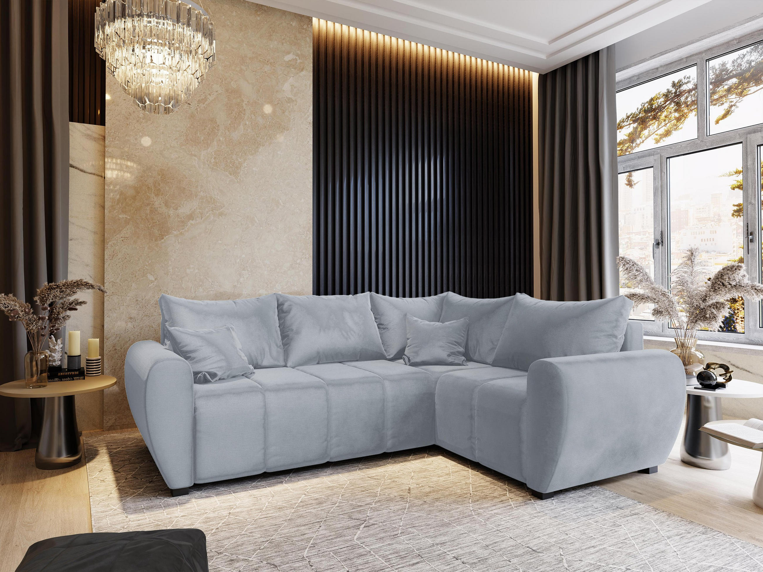 ECKSOFA MADISON L R-S Hellgrau Plüsch-Stoff mit Schlaffunktion - Hellgrau, Holz (235/175cm) - MASSENO