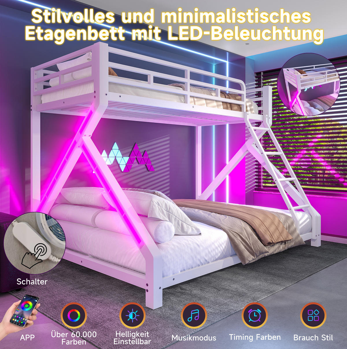 ETAGENBETT 90/200 cm und 140/200 cm Weiß mit LED Metall ohne Matratze - Weiß, Metall (140/200cm) - MIVRAY