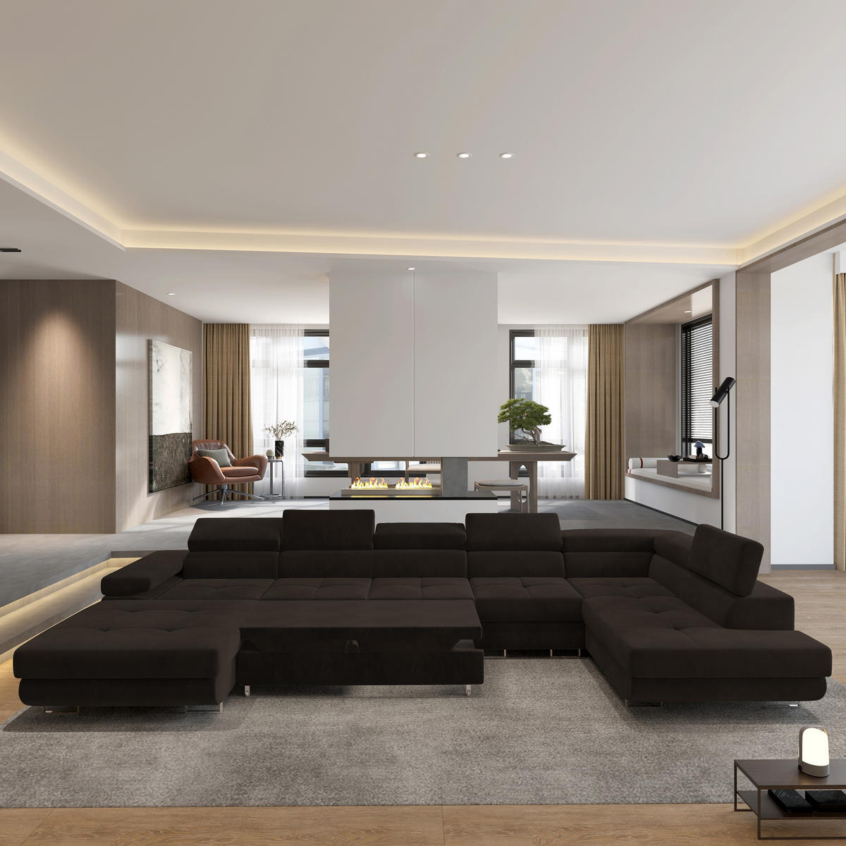 WOHNLANDSCHAFT VELORA R-S Braun Velours-Stoff mit Schlaffunktion - Braun, Holz (419/90/202cm) - MASSENO