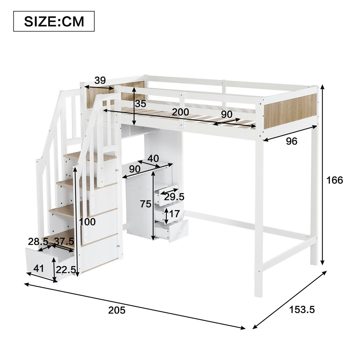 HOCHBETT 90/200 cm Weiß/Natur mit Schreibtisch und Stauraumtreppe - Weiß, Holzwerkstoff (90/200cm) - Flora Grace