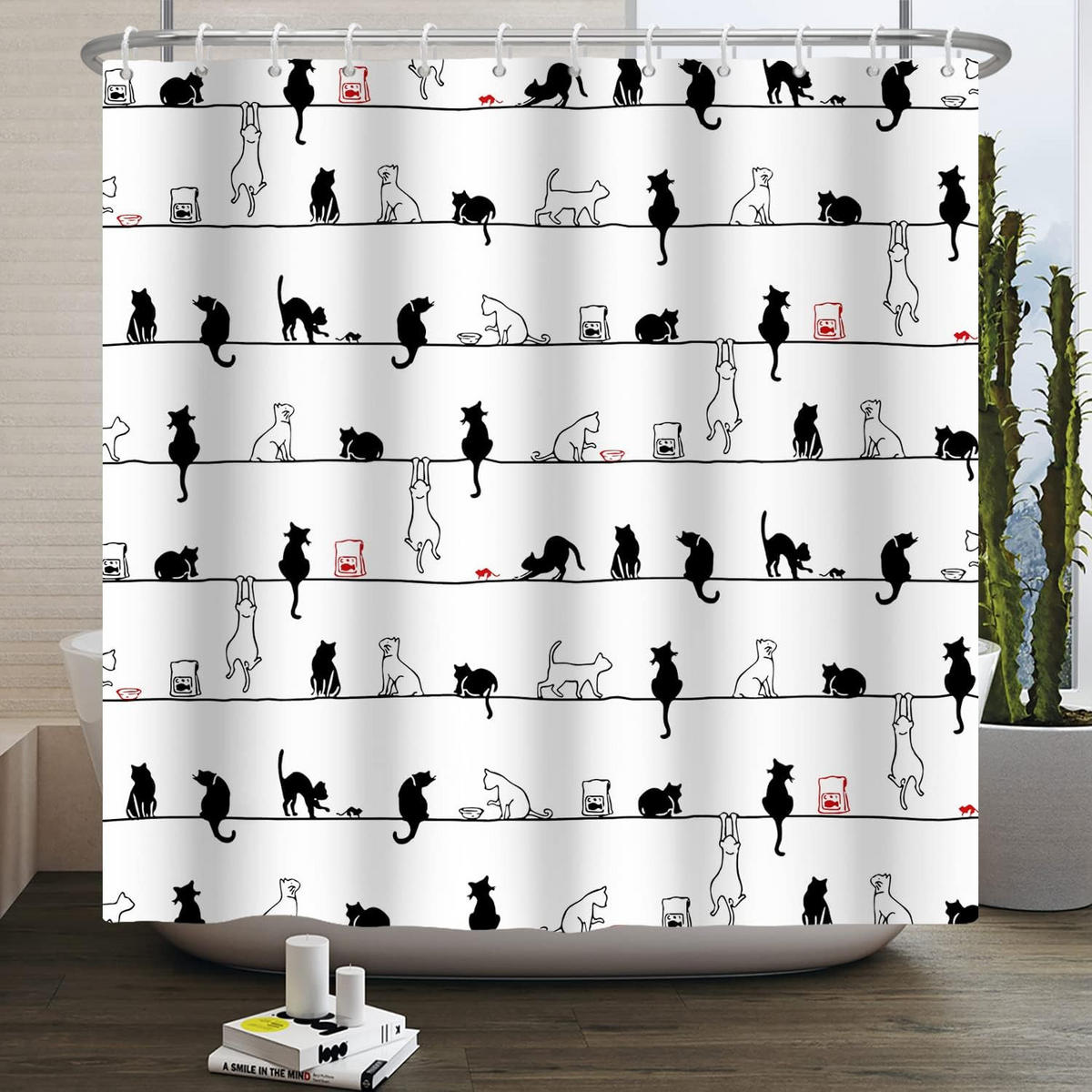 DUSCHVORHANG lustig Katze Schwarz Tier schlicht mit Haken Badezimmer - Weiß, Textil (180/180cm) - MCBOSON