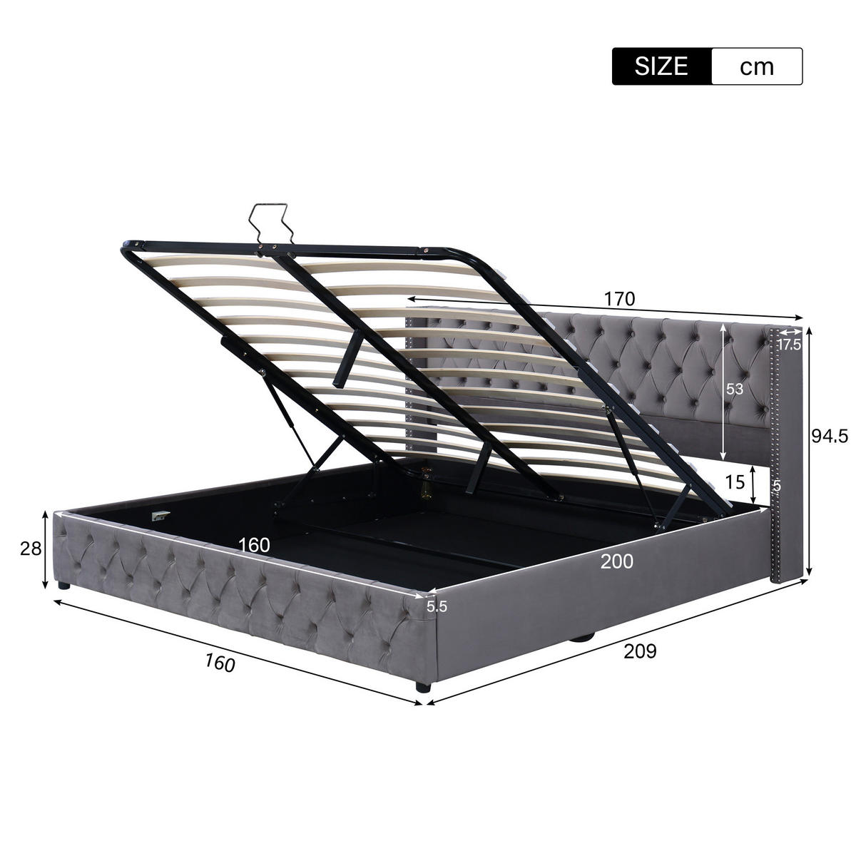 POLSTERBETT 160/200 cm grau mit hydraulischem Bettkasten und Chesterfield-Design - Grau, Textil (160/200cm) - OKWISH