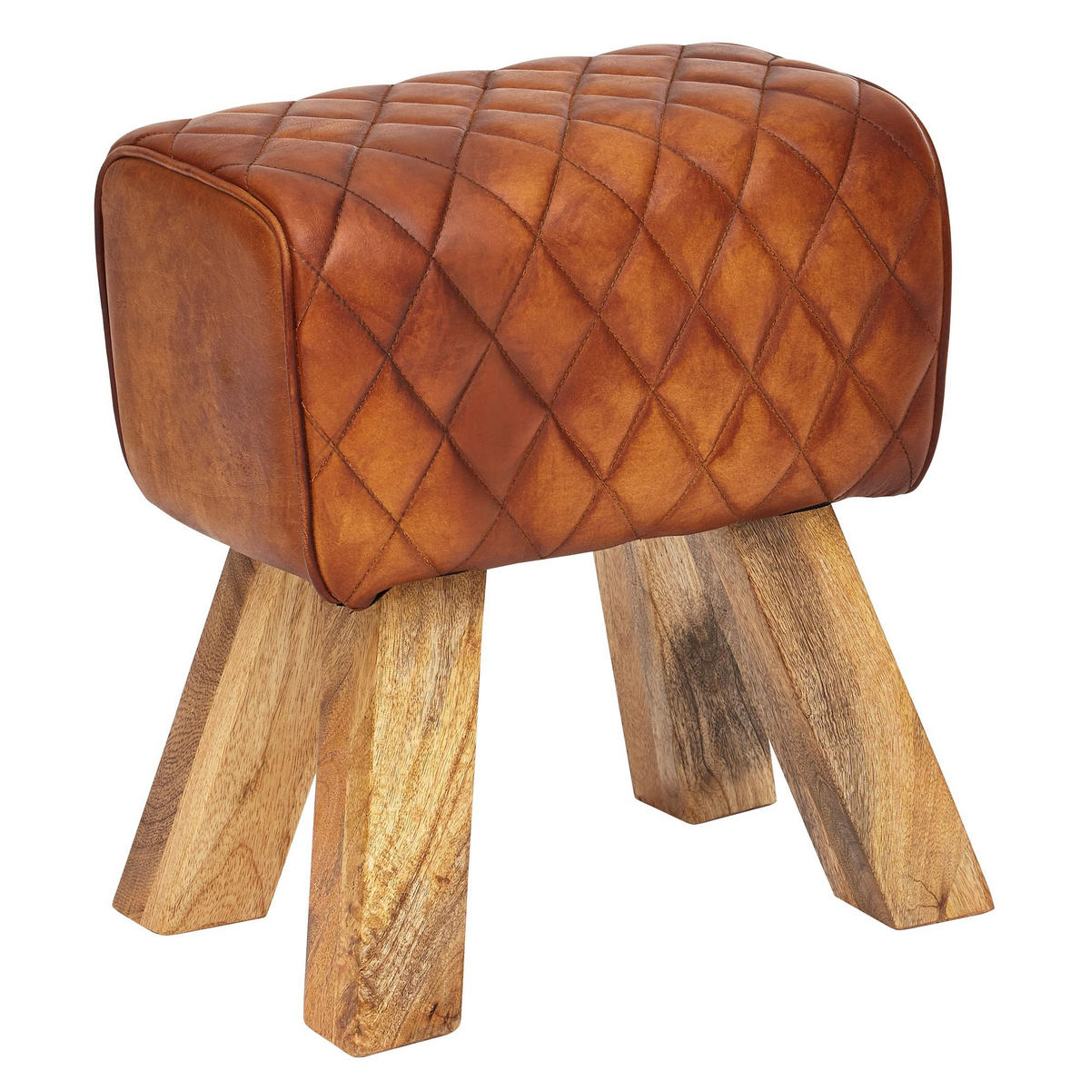 SITZHOCKER – Echtleder, Rautenmuster, robust - Braun, Mangoholz/Leder (40/48/27cm) - KADIMA DESIGN