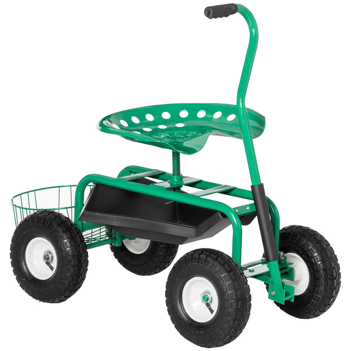 GARTENWAGEN mit Rollsitz bis 150 kg mit Ablage Korb für kleine Gartengeräte - Grün, Metall (45/87/98cm) - Outsunny