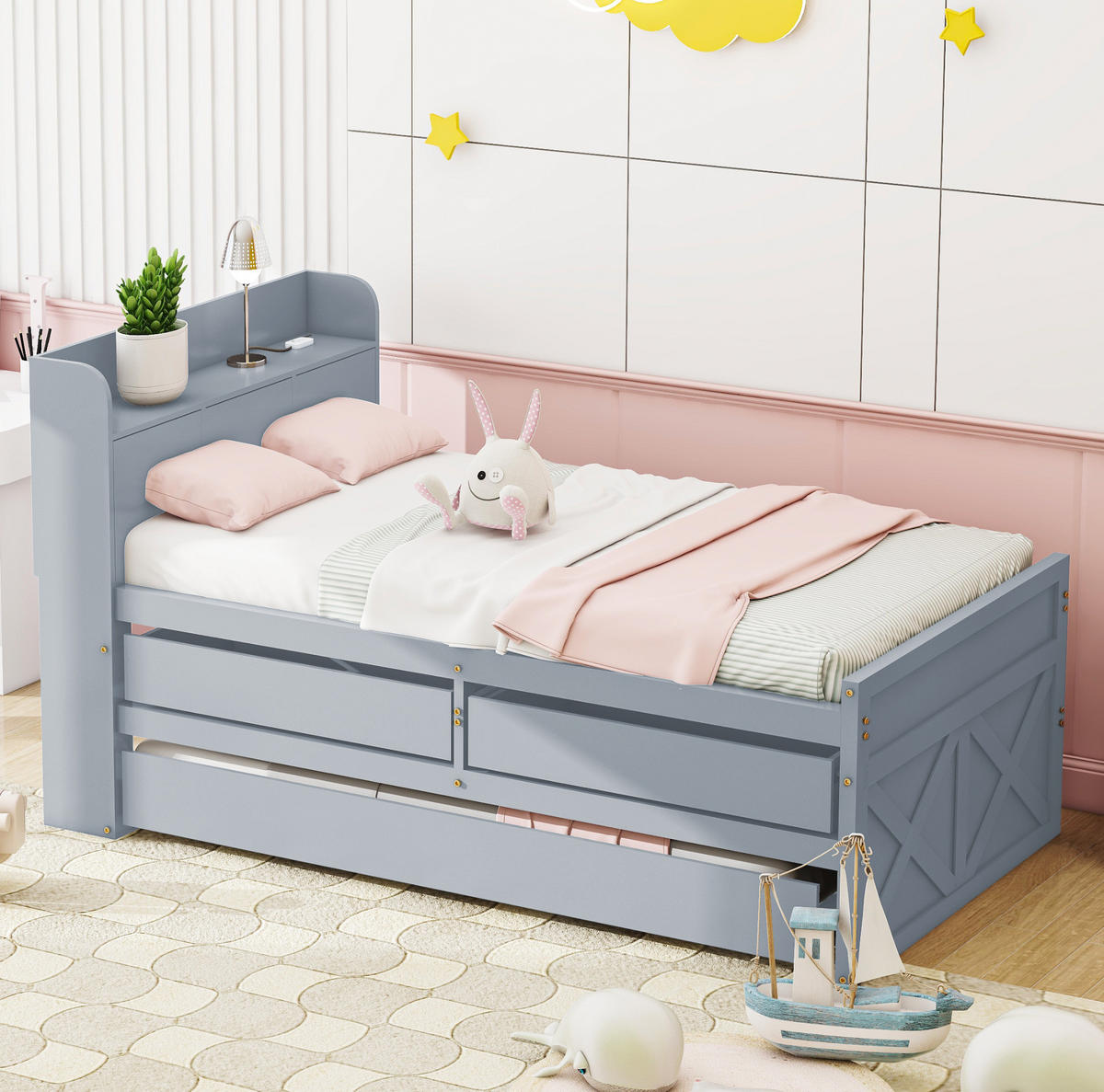 JUGENDBETT 90/190 cm mit Ausziehbett, 2 Schubladen, Nachttisch mit USB und Stauraum, Grau - Grau, Holzwerkstoff (90/200cm) - Redom