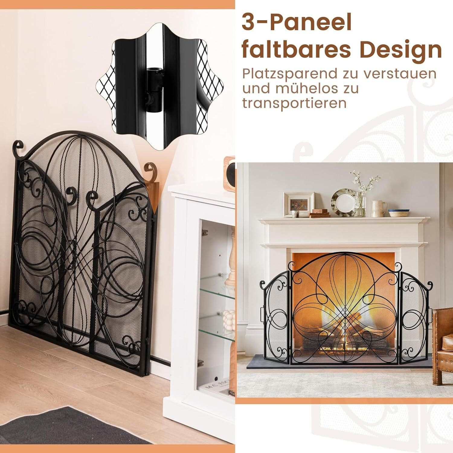 KAMINSCHIRM 83cm Schwarz - Schwarz, Metall (4/83/83cm) - COSTWAY