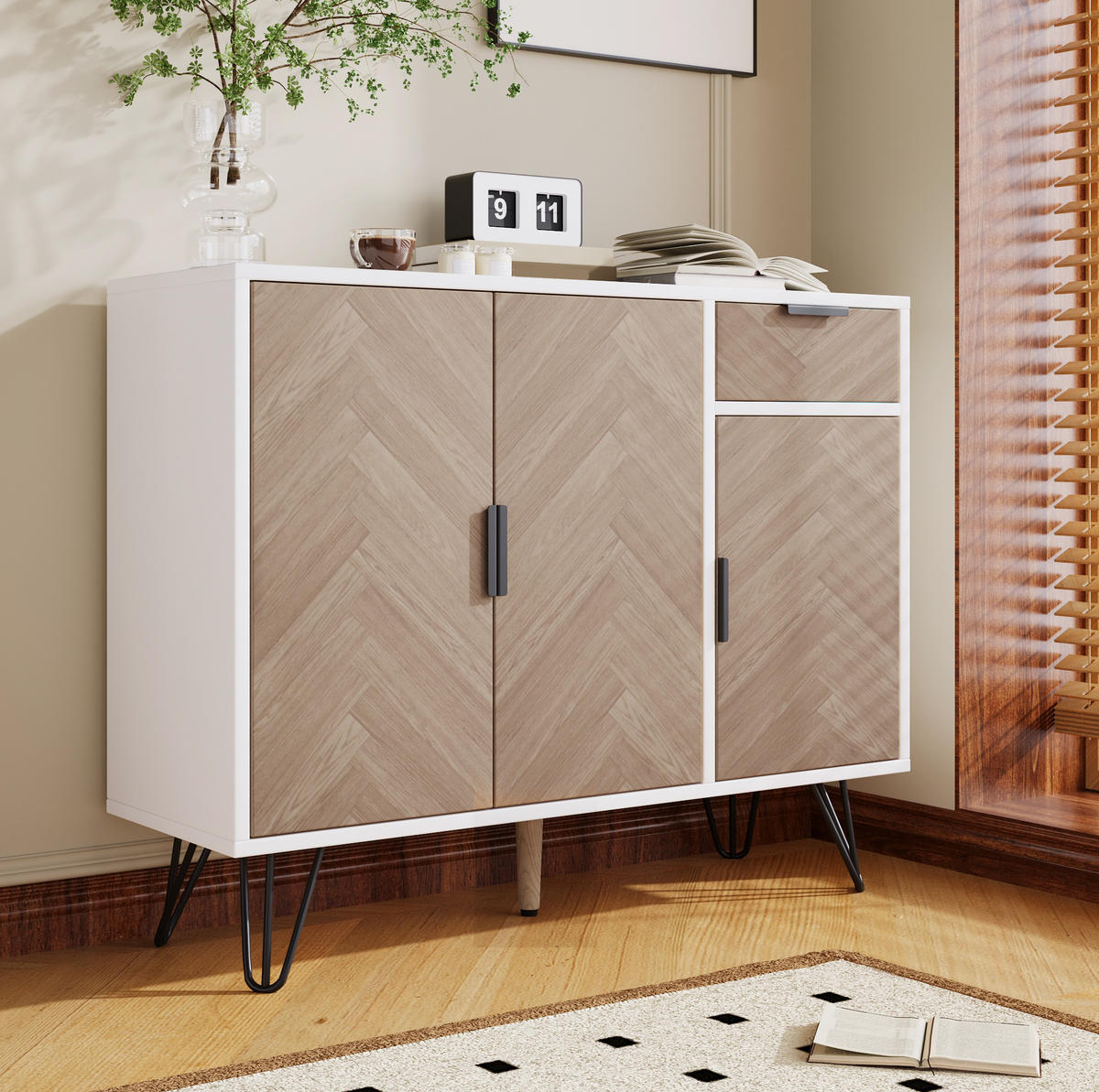 SIDEBOARD 90/30/71,5 cm in Weiß und Holzoptik mit Schublade und 3 Türen - Naturfarben, Holzwerkstoff (30/71.5/90cm) - Flora Grace