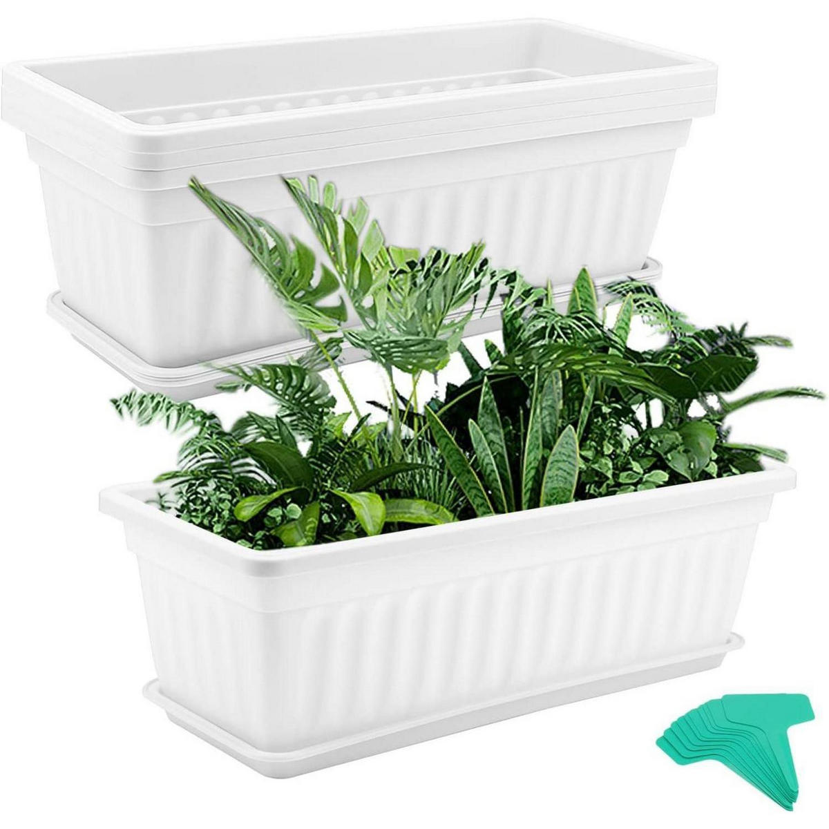 BLUMENKASTEN 4 Stück 43 cm Weiß mit Tabletts und Pflanzenetiketten - Weiß, Kunststoff (19/18/43cm)