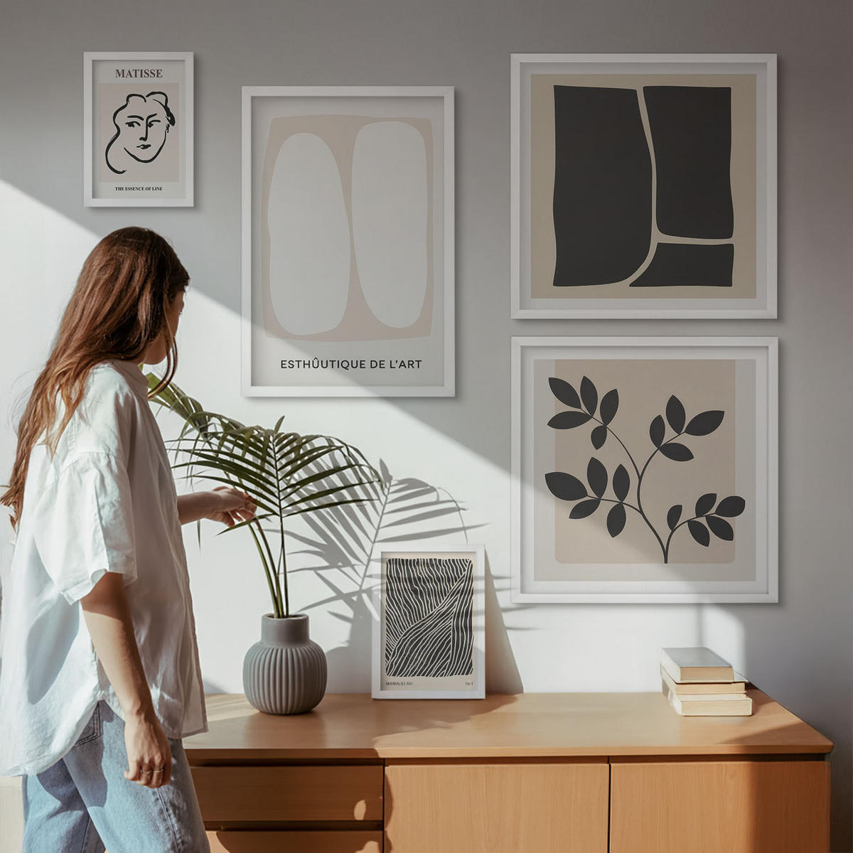 WANDBILDER 5er-Set - 50x50 cm & 20x30 cm & 40x60 cm Weißer Rahmen - Minimalistische Pflanzenmuster - Weiß, Kunststoff (40/60cm) - ArtPrintCave