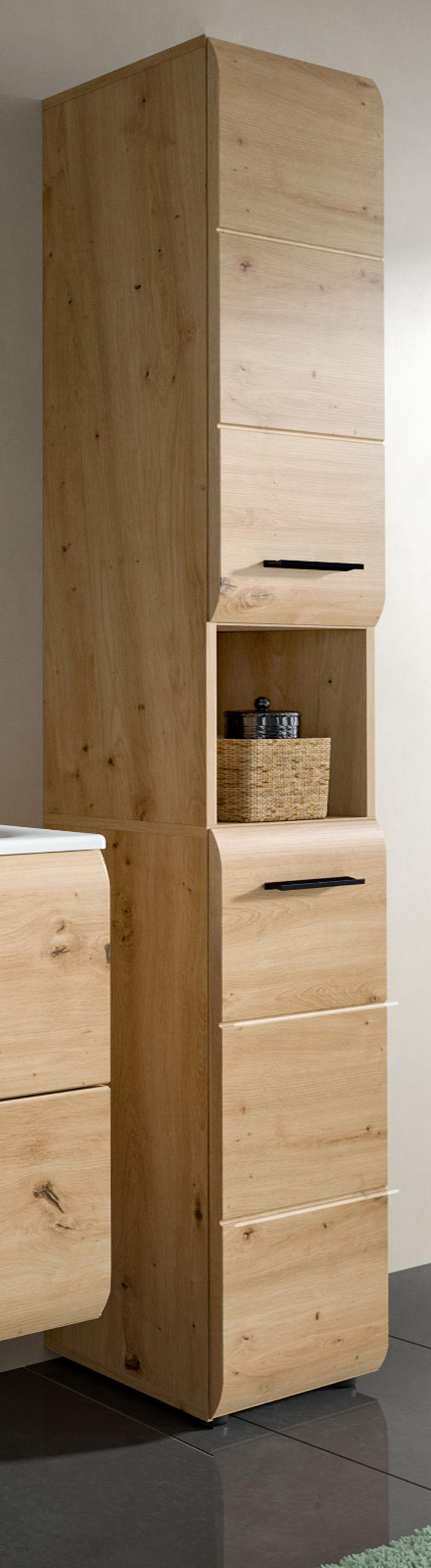 HOCHSCHRANK Eiche Artisan, Badschrank 30 x 185 cm, Türanschlag wechselbar, Cover - Schwarz/Eiche Artisan, Holzwerkstoff/Kunststoff (30/185/30cm) - Inn.Furn