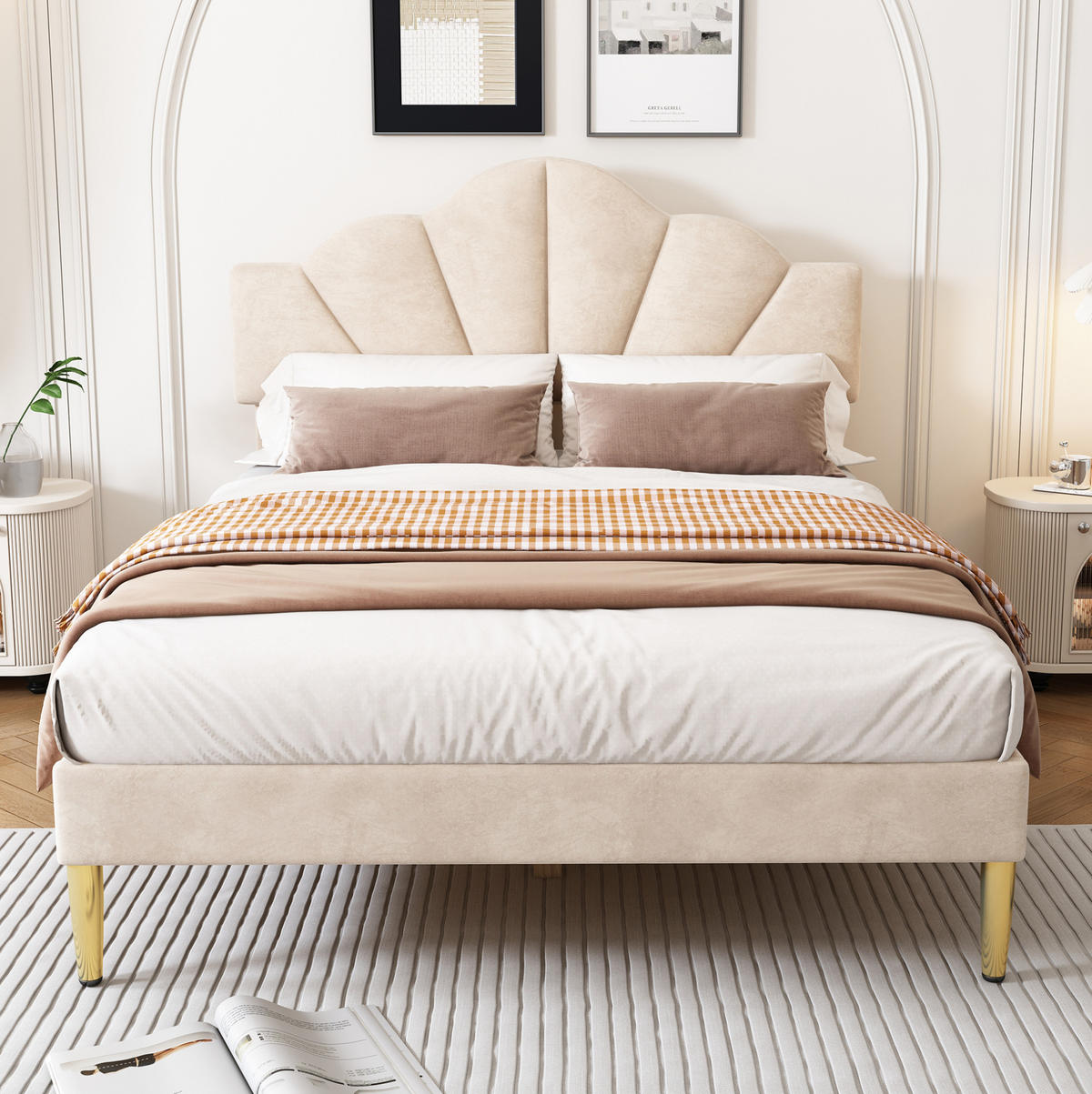 POLSTERBETT 140/190 cm beige aus Velours mit höhenverstellbarem Kopfteil - Beige, Textil (140/190cm) - OKWISH