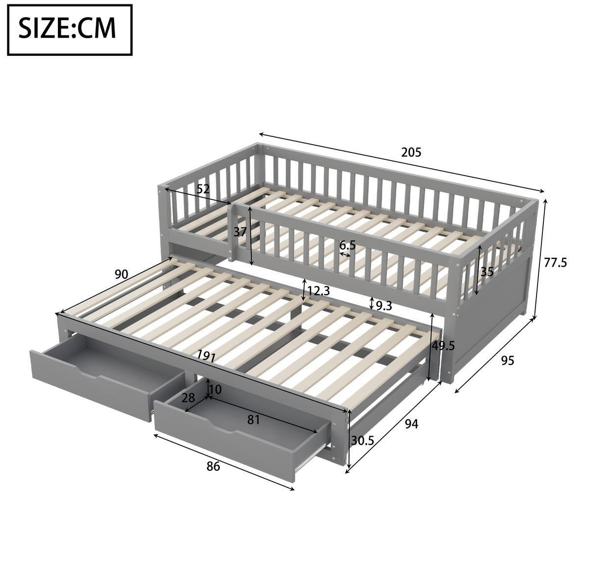BETT 90/200 cm Grau aus Massivholz mit Bett und 2 Schubladen - Grau, Holzwerkstoff (90/200cm) - OKMYHOME