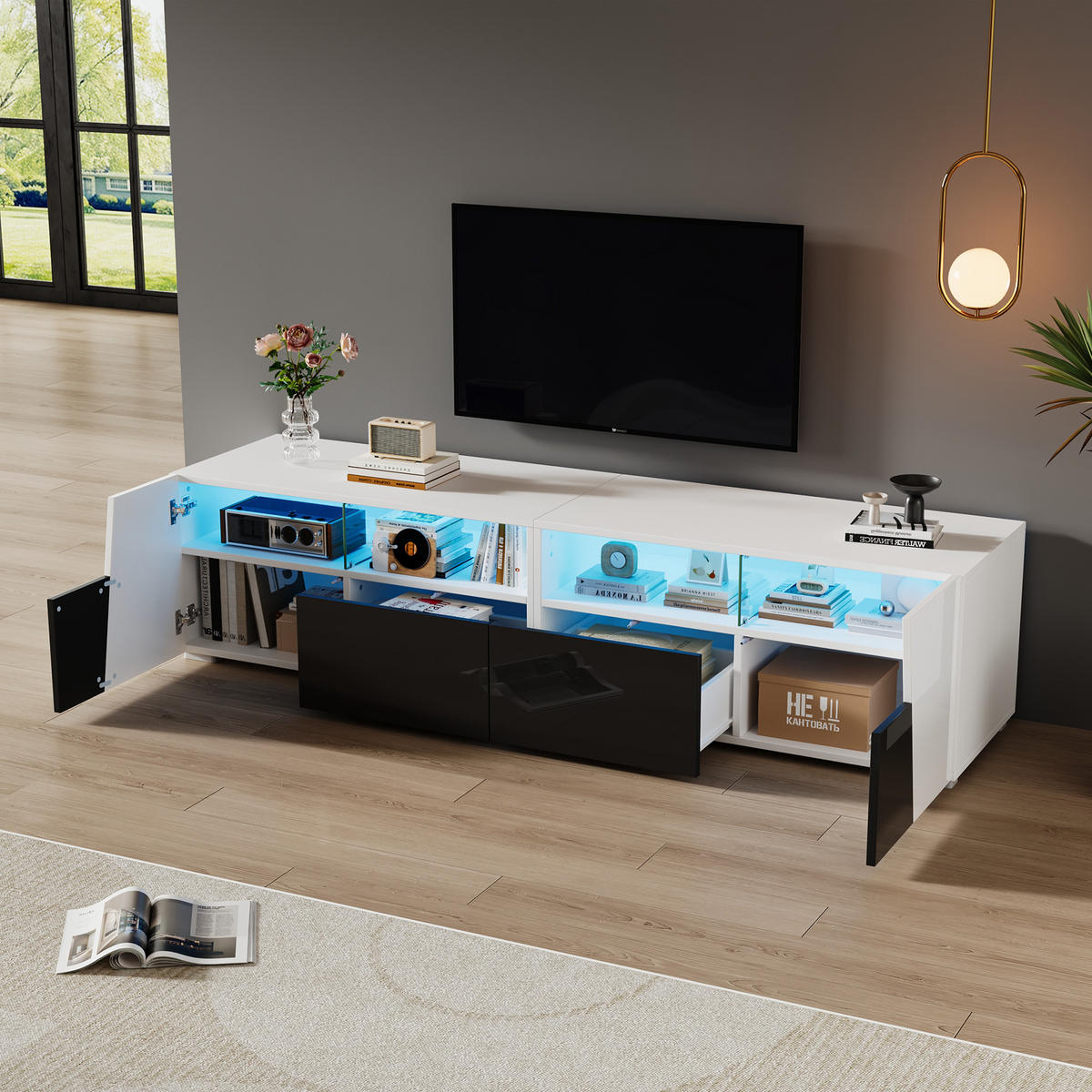 TV LOWBOARD 180cm Hochglanz LED 2 Schubladen 2 Schränke Weiß Schwarz - Weiß, Holzwerkstoff (38.5/45/180cm) - FLIEKS