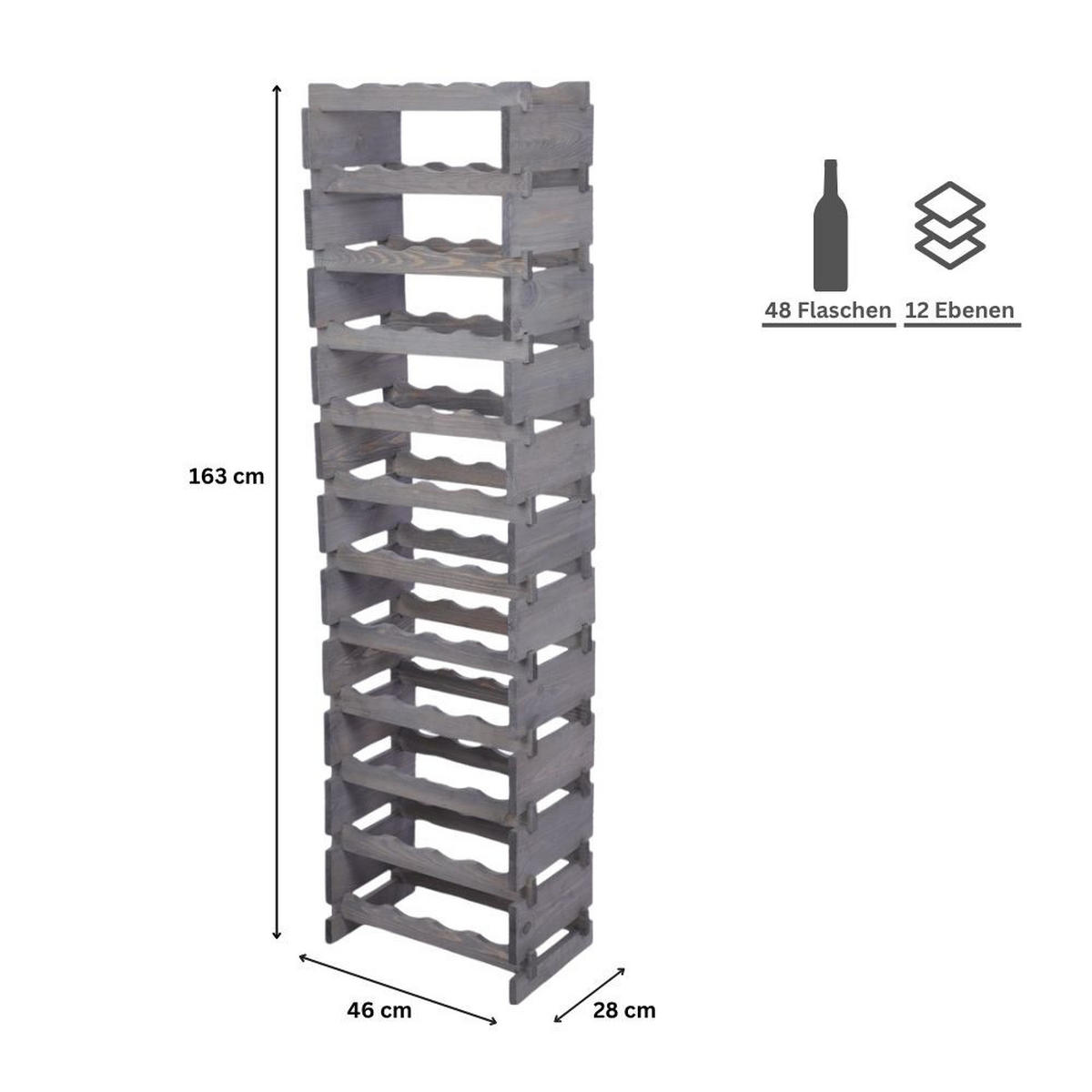WEINREGAL VINOTECA FLEX PRO HxBxT 163x46x28cm 48 Flaschen auf 12 Ebenen Grau - Grau, Holz (46/163/28cm) - PROREGAL