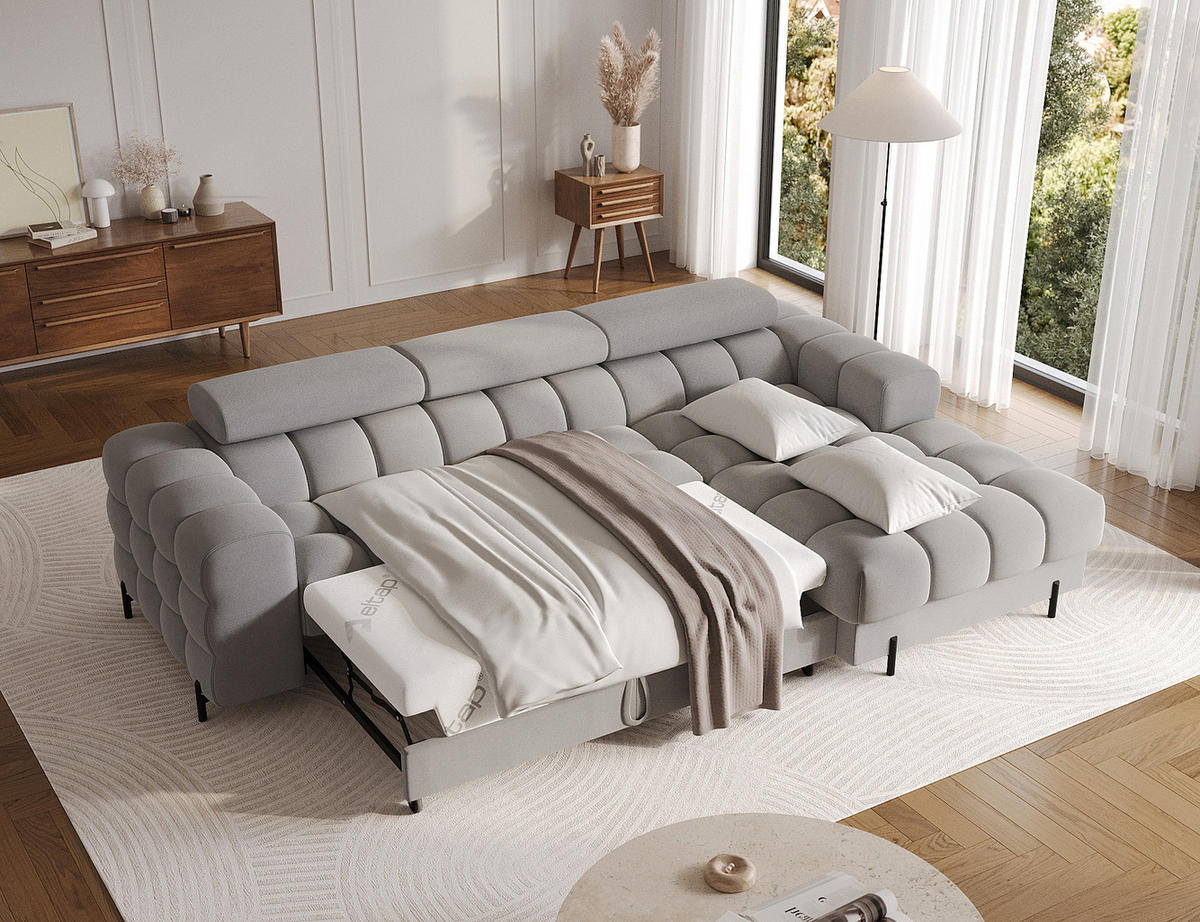 ECKSOFA FELRO mit Schlaffunktion, Bettkasten & verstellbaren Kopfstützen – Modernes Premium-Ecksofa in L-Form - Grau, Kunststoff (181/285cm) - Wohnideebilder