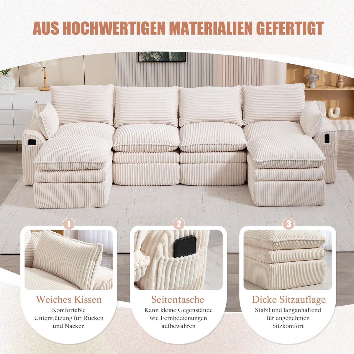WOHNLANDSCHAFT Cord Beige mit Kissen, Hocker und Seitentaschen - Beige, Textil (335/85/167cm) - WISHDOR