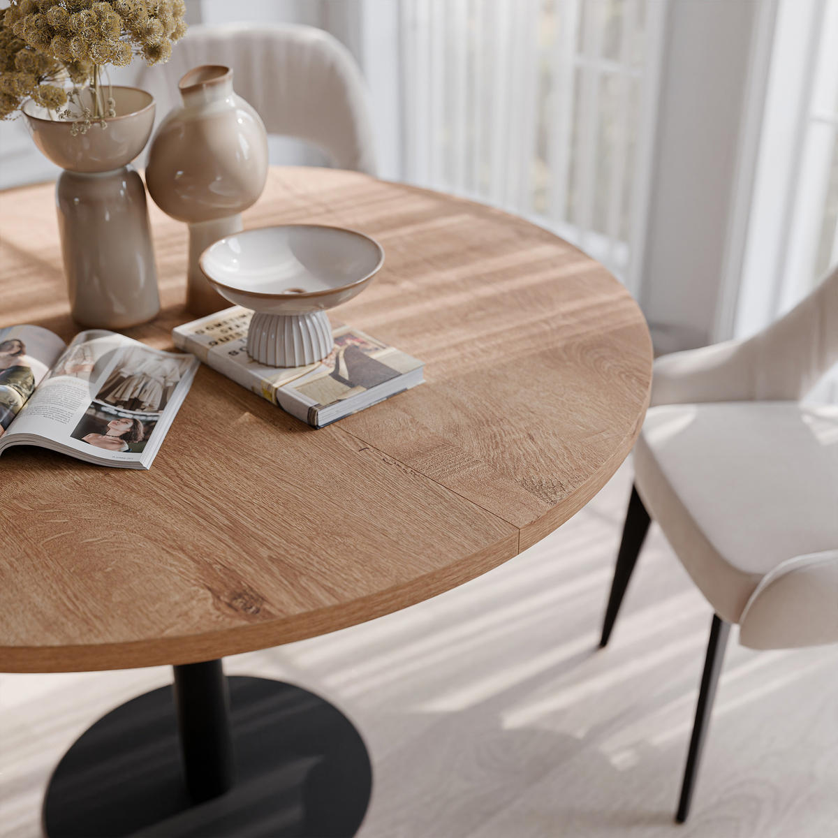 TISCH einbeinig schwarzes Bein, MDF Tischplatte, Lefkas Eiche - Schwarz/Braun, Holzwerkstoff (100/100/76cm) - Idohome