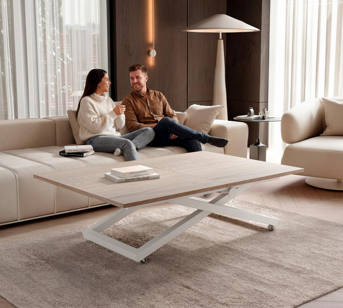 COUCHTISCH ARIA 120-160/80 cm, Höhenverstellbar, Weiß / Cremona Cannolo (Cremefarben) - Creme/Weiß, Holzwerkstoff/Metall (120/80/38cm) - Idohome