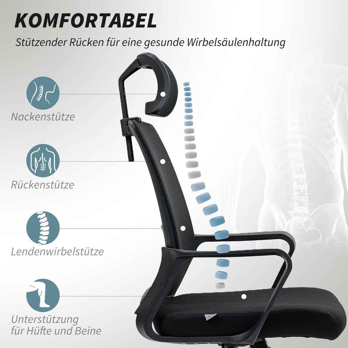 BÜROSTUHL Verstellbar Kopfstütze, Schwarz - Schwarz, Textil (64/112/60cm) - HOMCOM