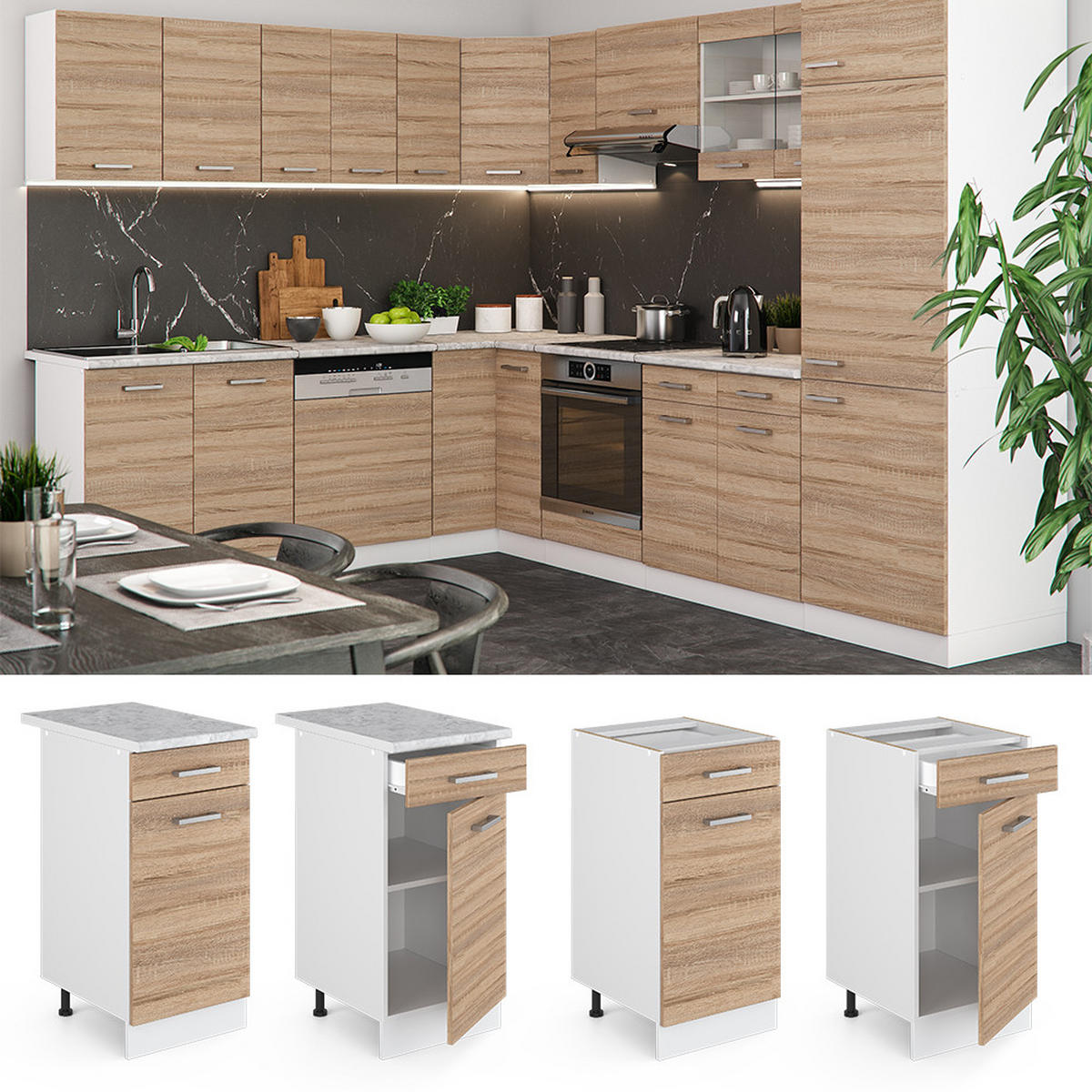 KÜCHENUNTERSCHRANK R-Line Sonoma 40 cm, AP Anthrazit - Weiß/Sonoma Eiche, Holzwerkstoff (40/81.6/60cm) - Vicco