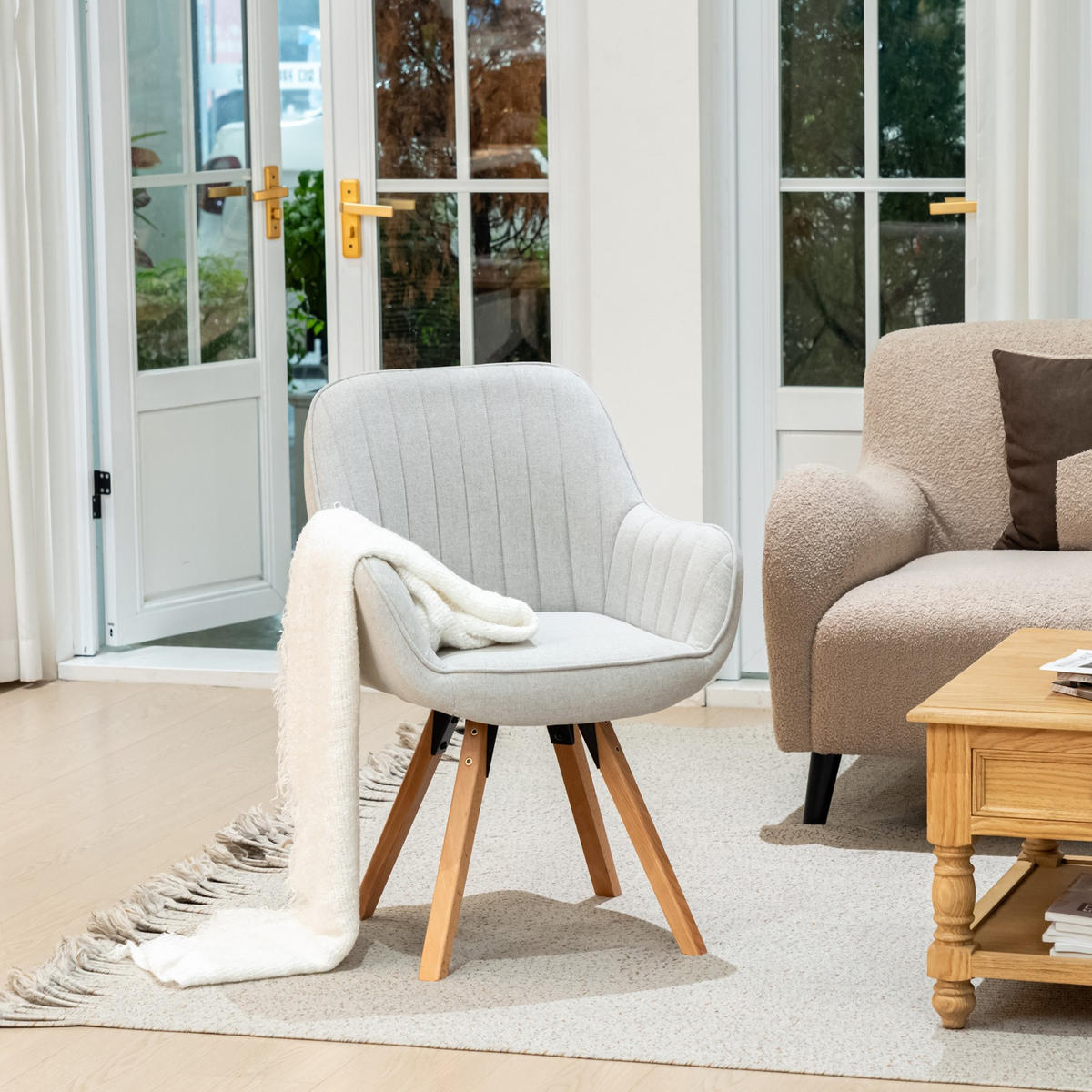 ARMLEHNSTUHL-SET 6 Stück drehbar in Webstoff - Beige/Kernbuche, Holz/Textil (57/83/56cm) - Meubles Cosy