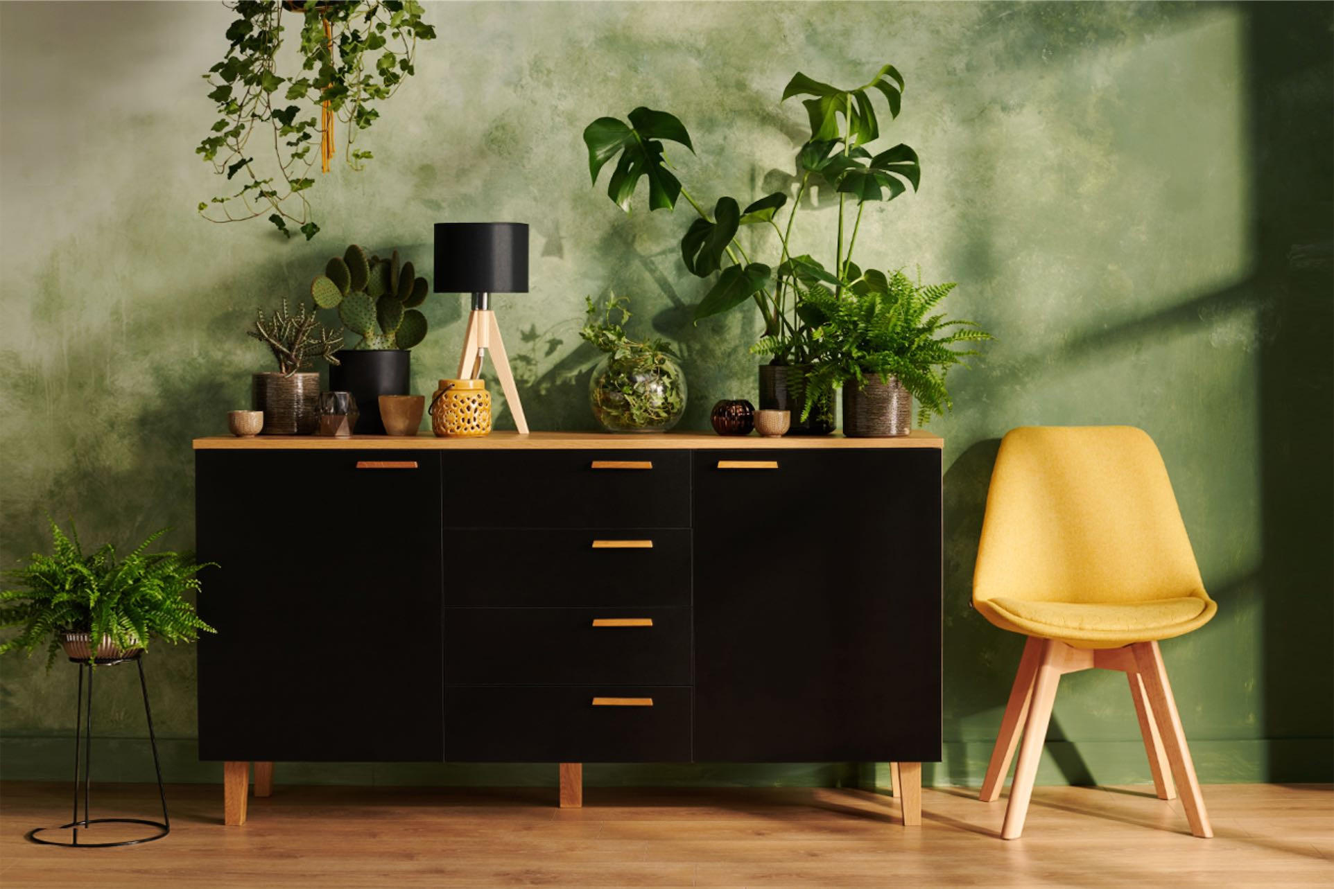 KOMBIKOMMODE FRISK 2 Türen und 4 Schubladen, schwarz - Eichefarben/Schwarz, Eichenholz/Holzwerkstoff (150/81/46cm) - KONSIMO®