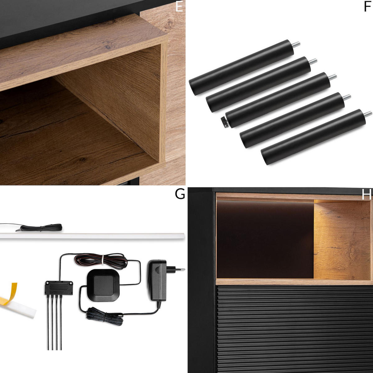 KOMMODE LOFTY Außenseiteneinlage, schwarz / Eiche natur - Eichefarben/Multicolor, Holzwerkstoff (102/83/41cm) - KONSIMO®