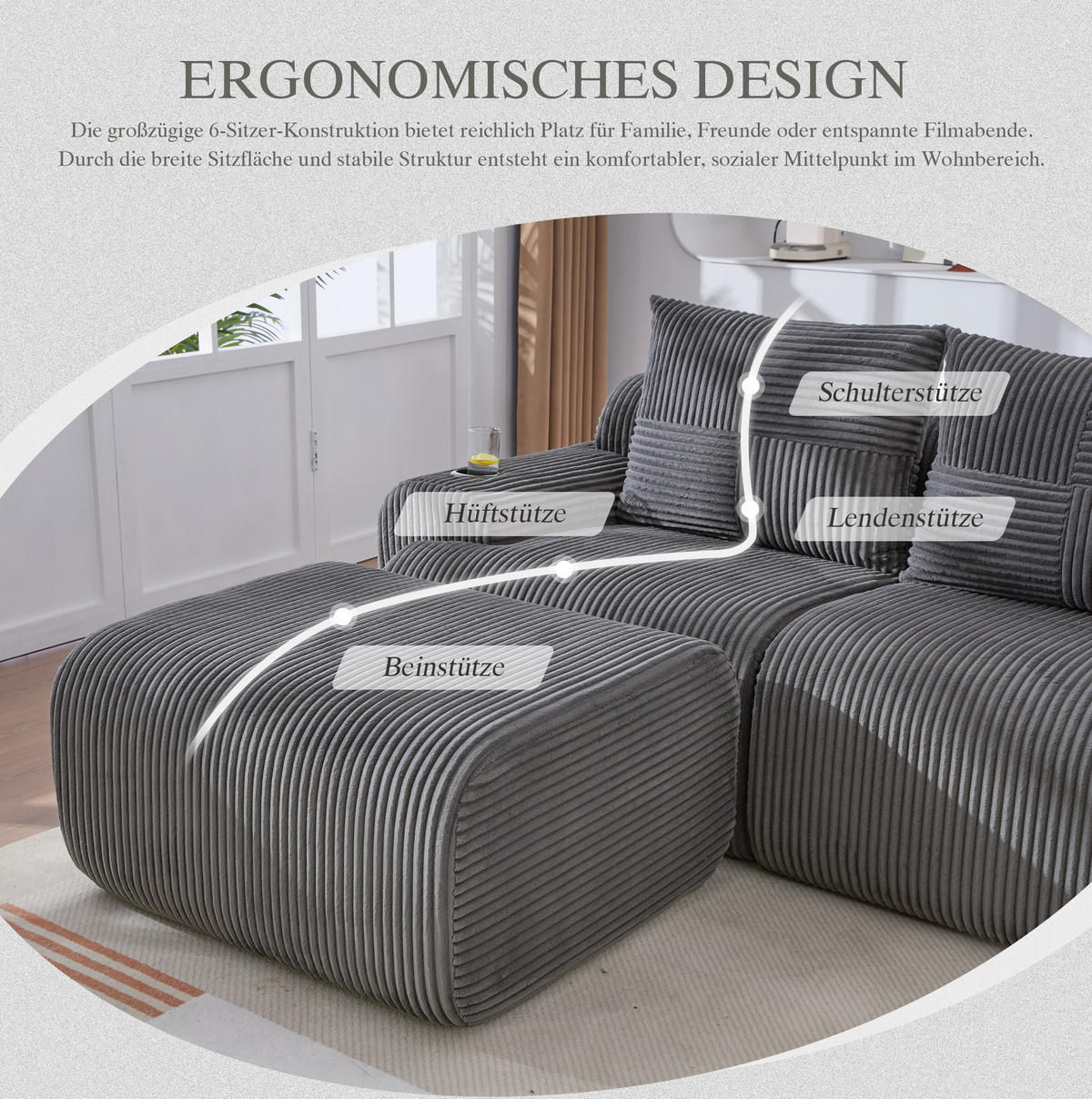 MODULARES Cordsofa 3-Sitzer mit Hocker Getränkehalter und Tasche 268/174/80 cm Dunkelgrau - Dunkelgrau, Textil (174/268cm) - Redom
