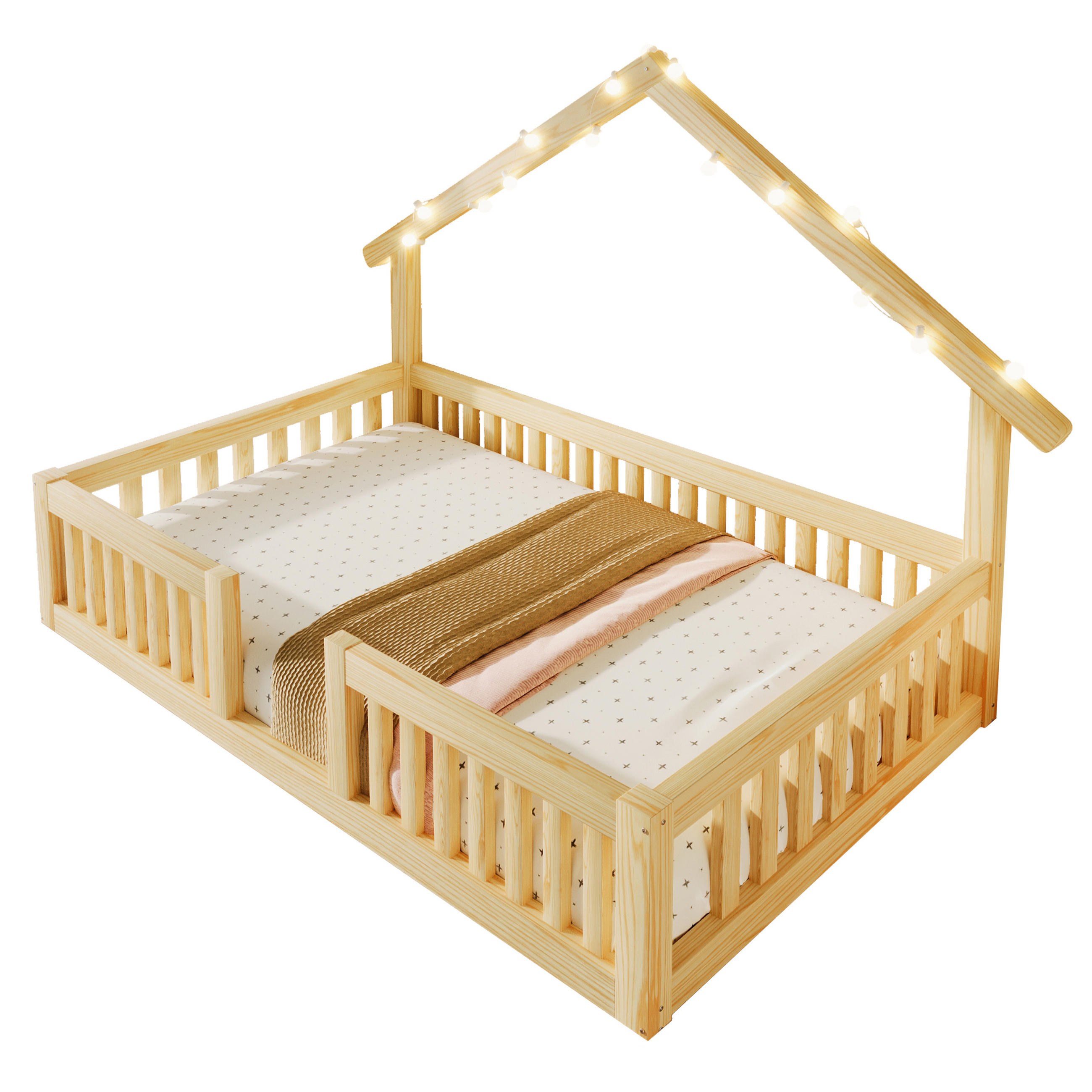 HAUSBETT 90/200 cm in Natur mit Sicherheitsgitter und LED - Naturfarben, Holzwerkstoff (90/200cm) - STILVORA