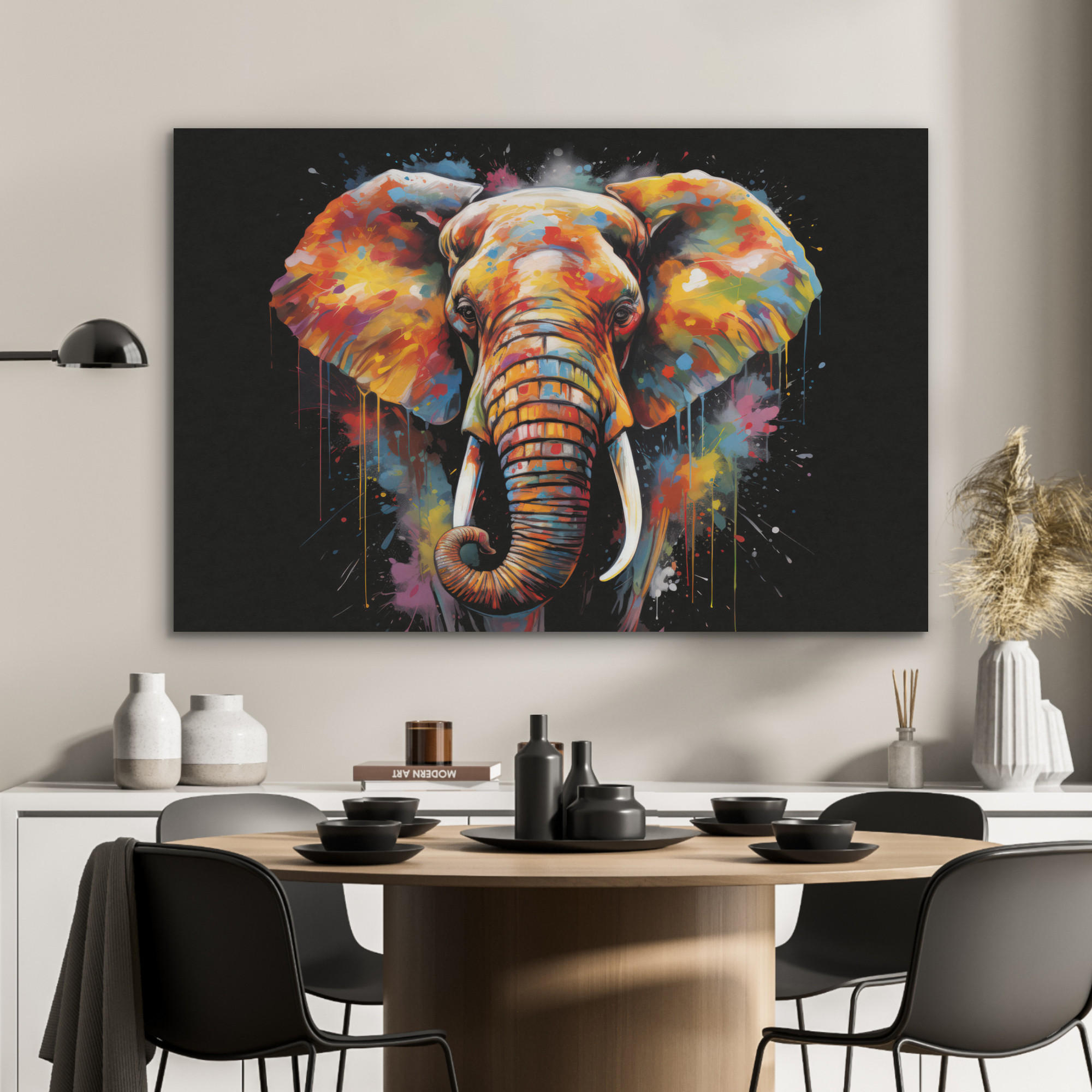 AKUSTIKPANEEL Elefant - Graffiti - Schwarz - Tiere - Farben 100x70 cm - Schwarz, Textil (100/0.9/70cm) - MuchoWow