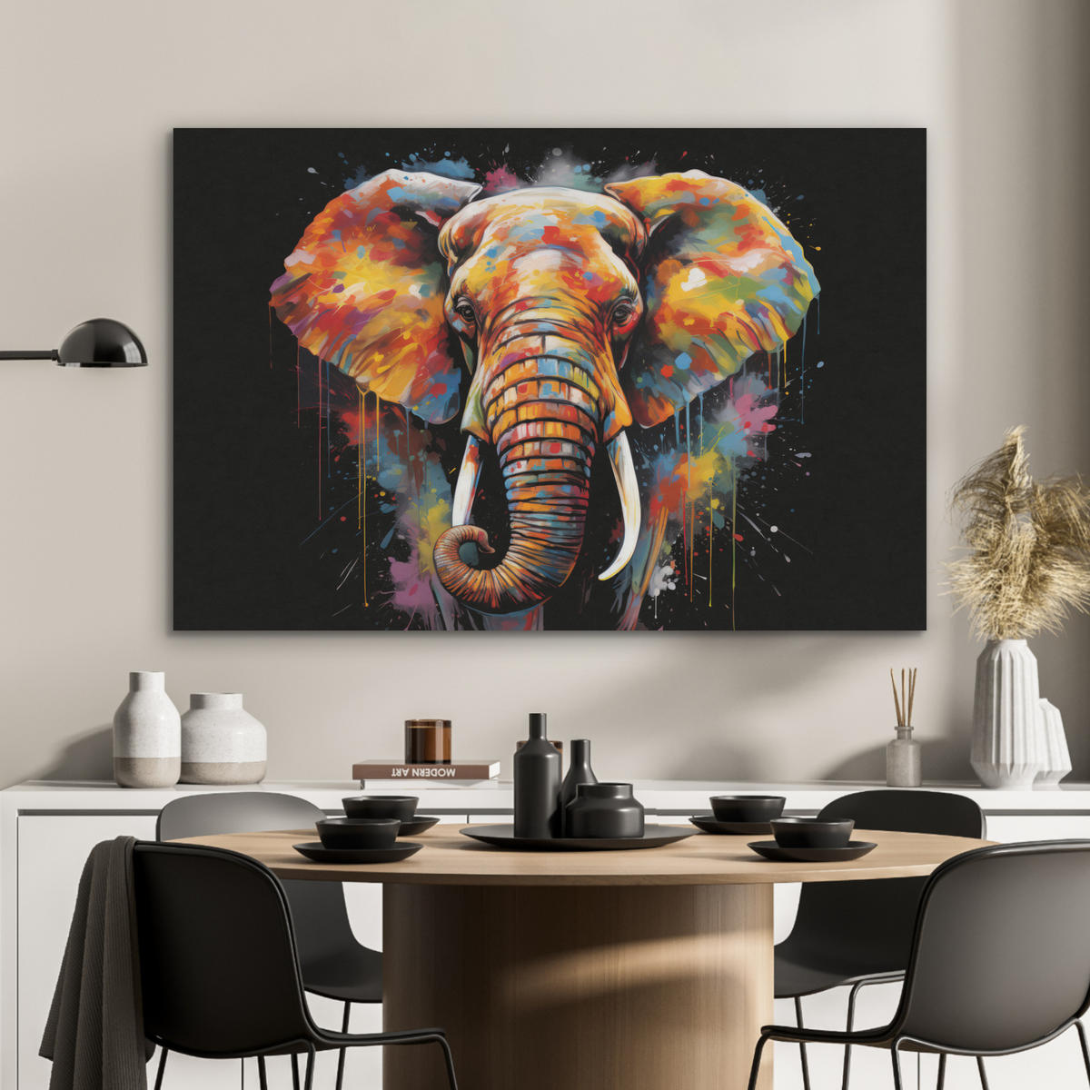 AKUSTIKPANEEL Elefant - Graffiti - Schwarz - Tiere - Farben 100x70 cm - Schwarz, Textil (100/0.9/70cm) - MuchoWow