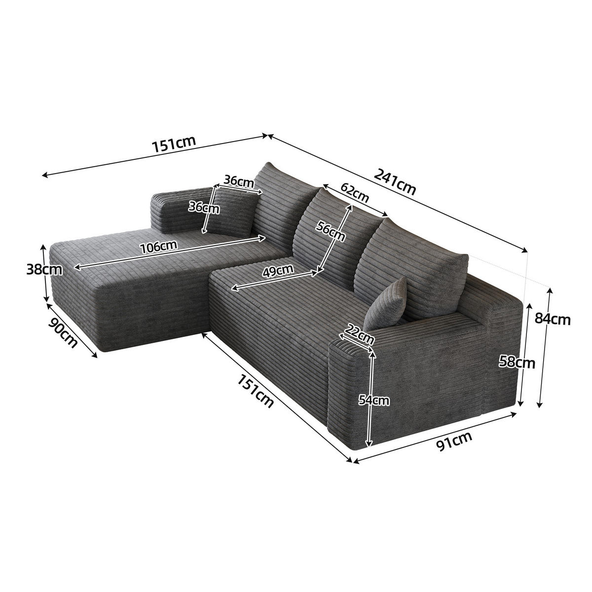 ECKSOFA Cord Dunkelgrau ohne Montage - Grau, Textil (241/151cm) - WISHDOR