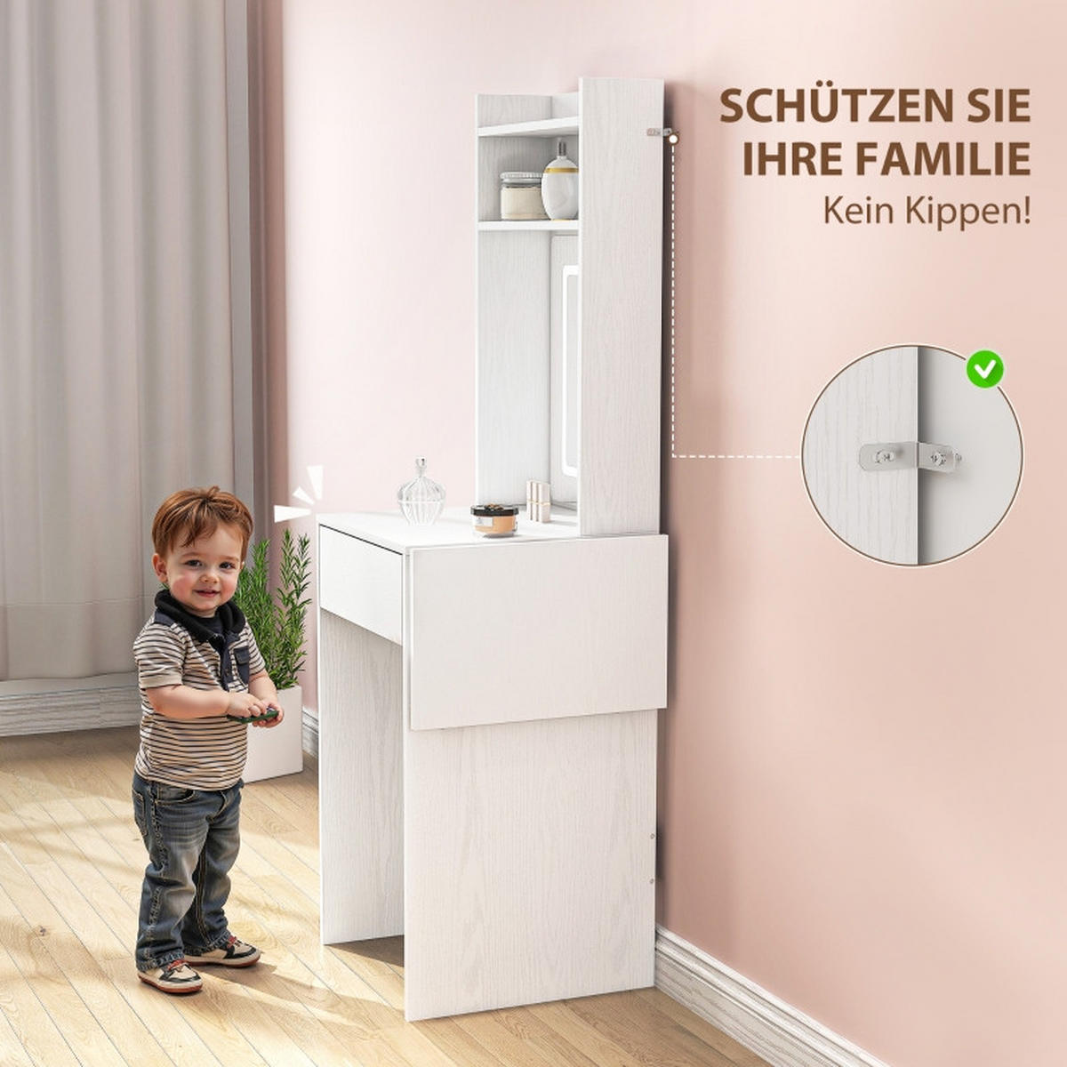 SCHMINKTISCH 45/45/152 cm Weiß aus Holz mit LED-Spiegel - Weiß, Holz (45/152/45cm) - OKWISH