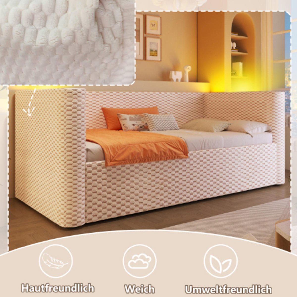 SCHLAFSOFA 90 × 200 cm aus Samt mit hydraulischem Stauraum und App-steuerbarer LED-Leiste, beige - Beige, Textil (104/64/228cm) - Luhomfu