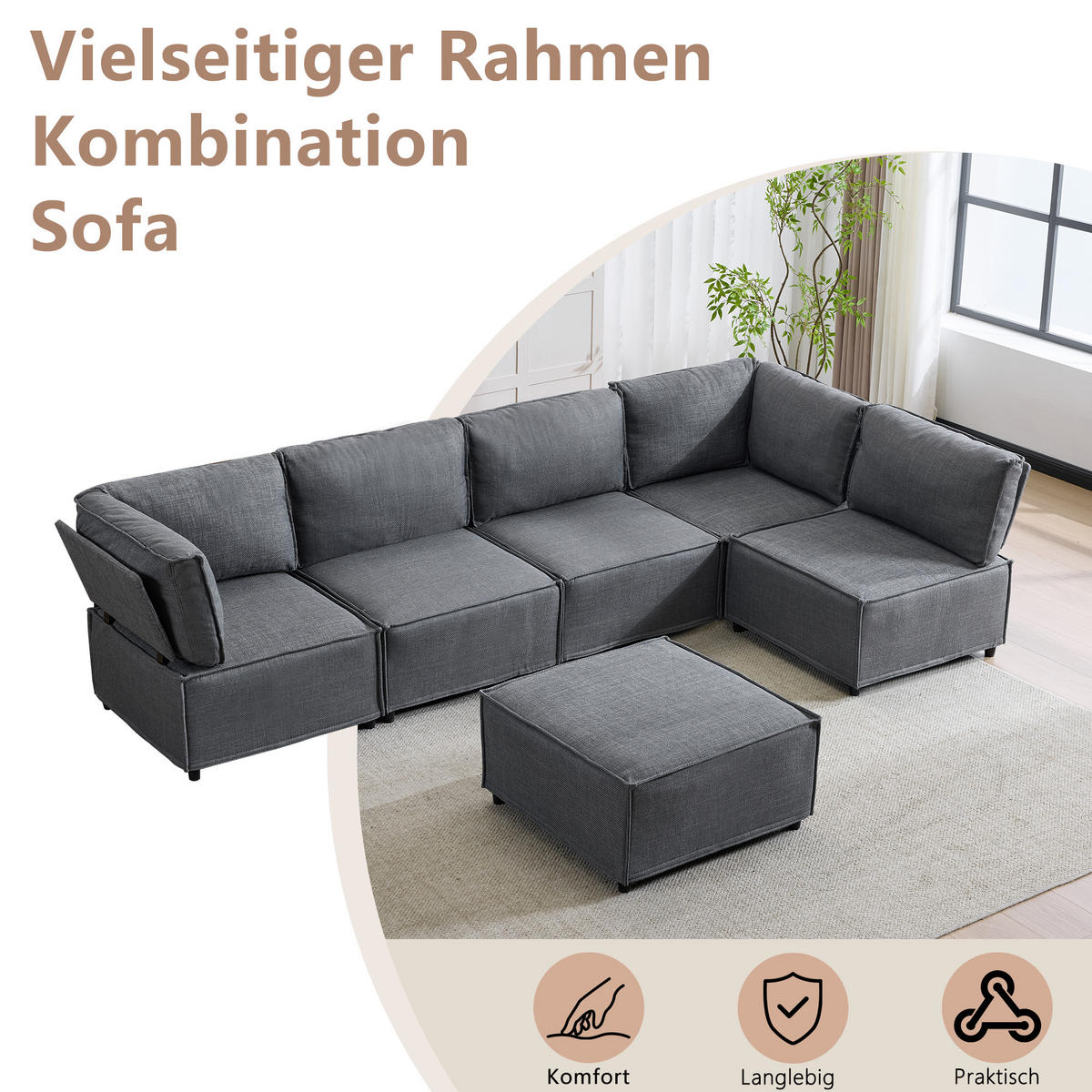 WOHNLANDSCHAFT Leinen Dunkelgrau - Dunkelgrau, Holzwerkstoff/Textil (308/77/152cm) - WISHDOR