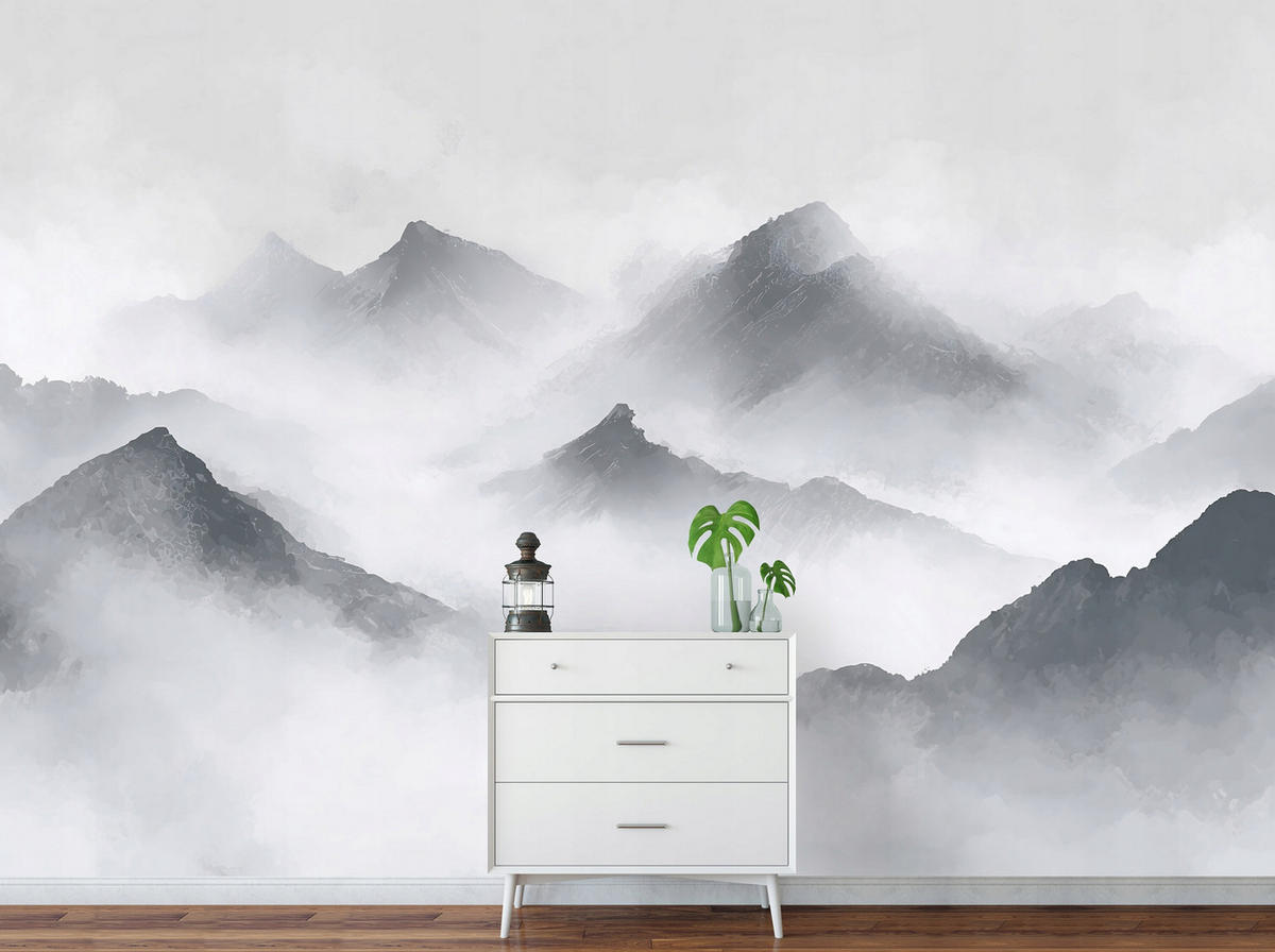 FOTOTAPETE Gebirge Nebel Grau 350x250 cm - Multicolor, Papier (350/250cm) - Wallarena