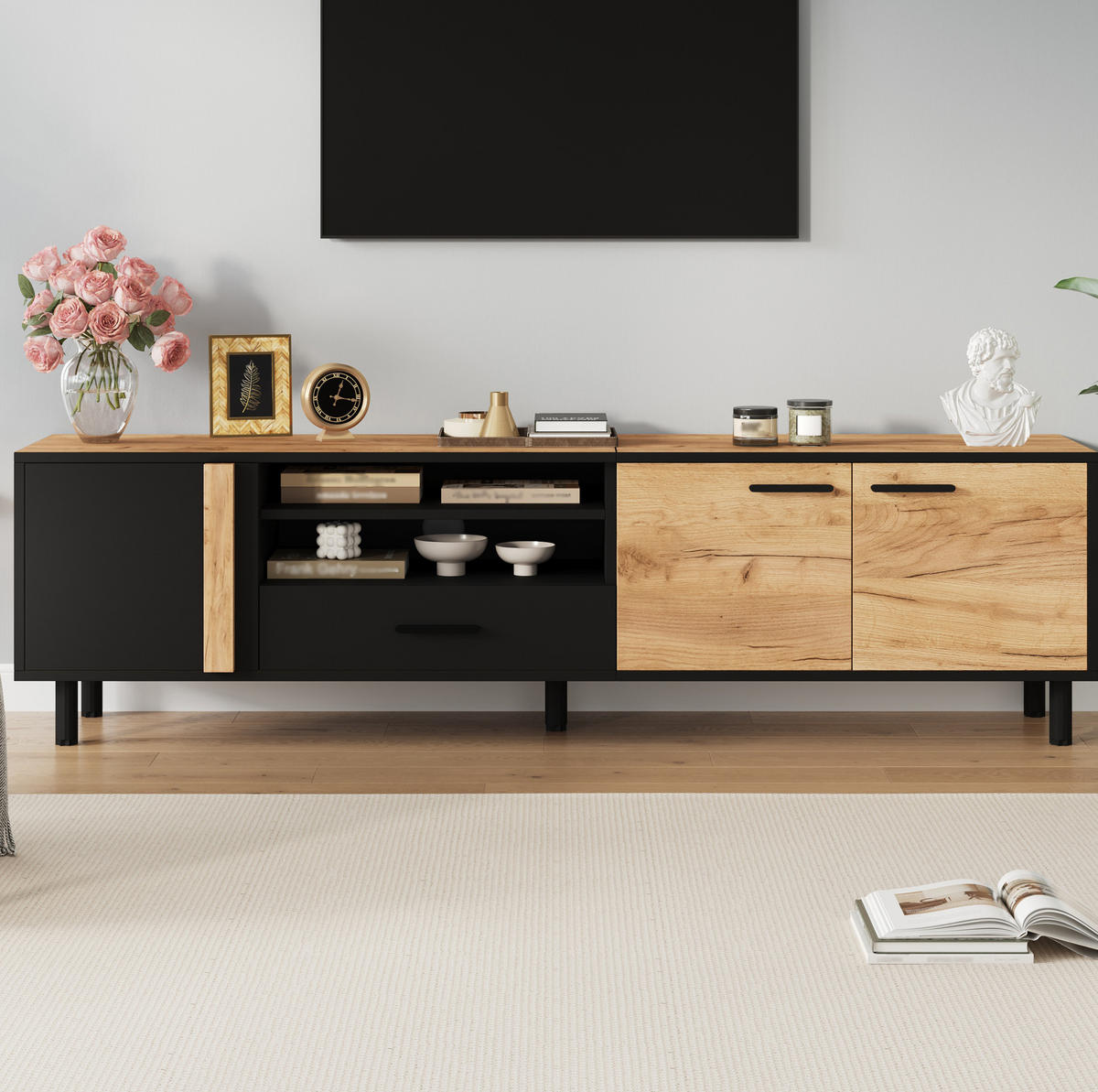 TV-LOWBOARD aus Spanplatte 180x32,5x50 cm Schwarz/Holzoptik mit 3 Türen, 1 Schublade und 5 Standfüßen - Schwarz, Holzwerkstoff (180/50/32.5cm) - Modfu