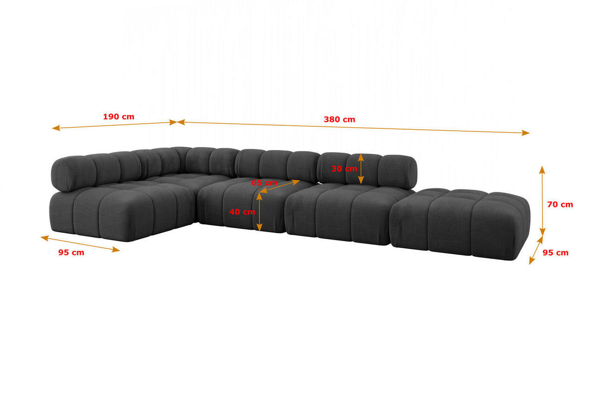 ECKSOFA modulares Sofa Favio-L2 - 380x190x70 cm Schwarz Velours - Schwarz, Holzwerkstoff/Textil (380/190cm) - ALTDECOR