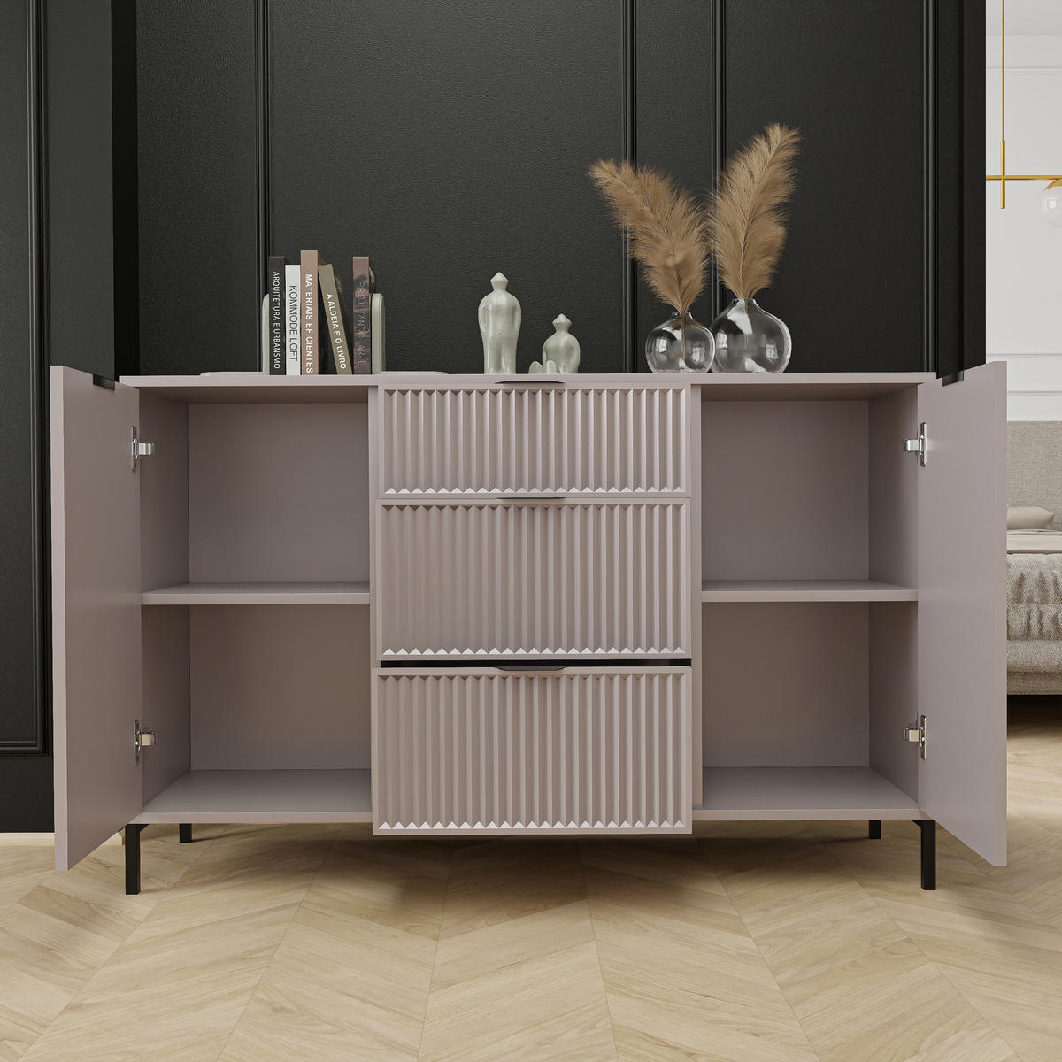 KOMMODE klein Aufbewahrungsschrank mit 3 Schubladen und 2 Türen, Beige - Beige, Holzwerkstoff (135/87/41cm) - Idohome