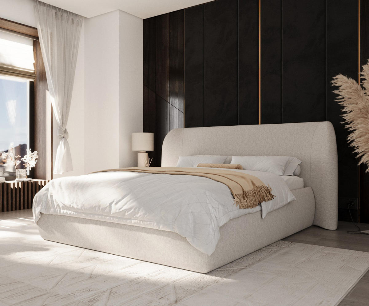 POLSTERBETT Bellano mit Stauraum 200/200 cm Hellbeige im Megan Stoff - Sandfarben/Schwarz, Holz/Holzwerkstoff (200/200cm) - AltaBeds