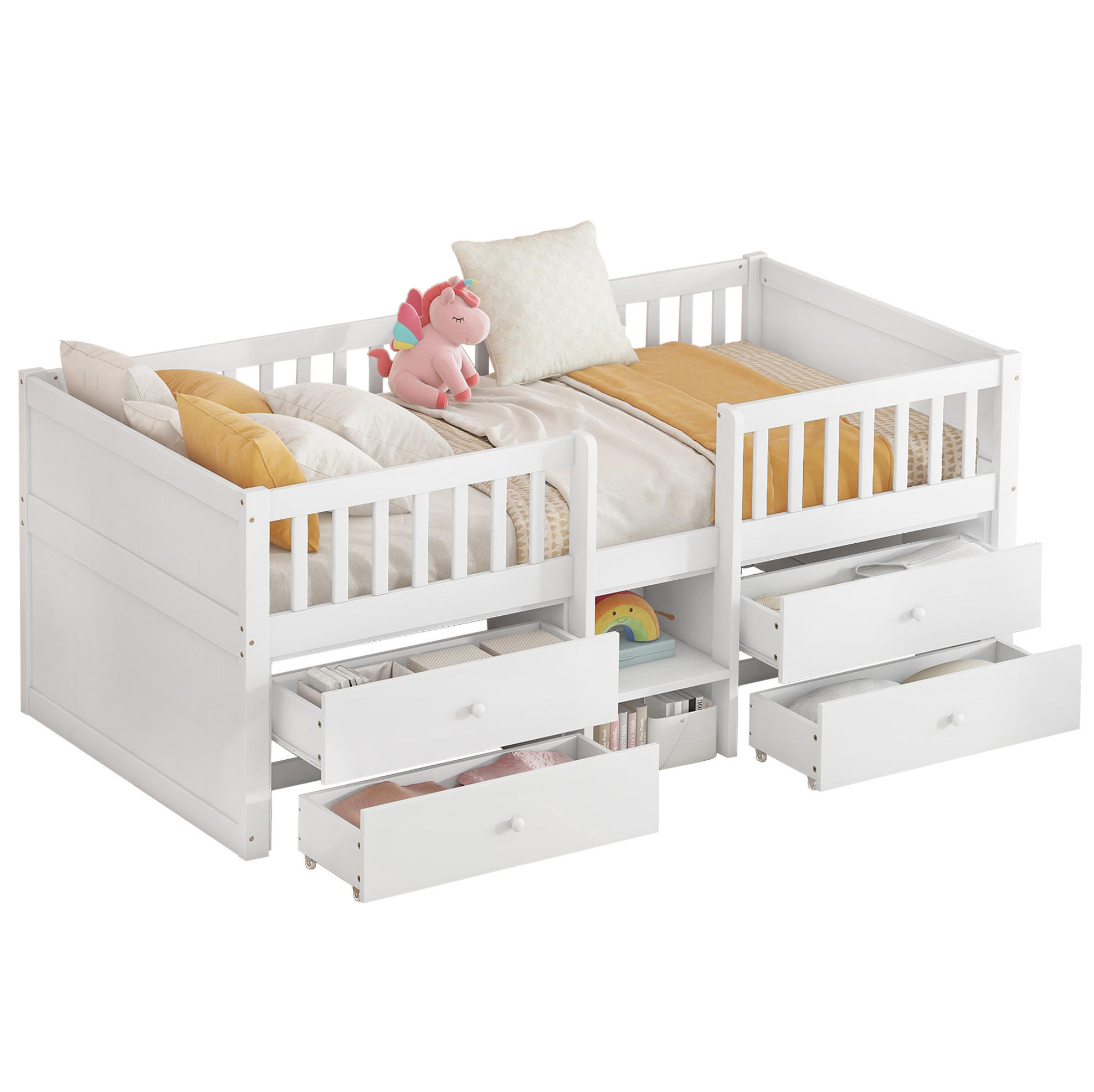 HOCHBETT Kinderbett 90/200 cm aus Kiefernholz und MDF mit 4 Schubladen Weiß - Weiß, Holz (90/200cm) - Modenvie