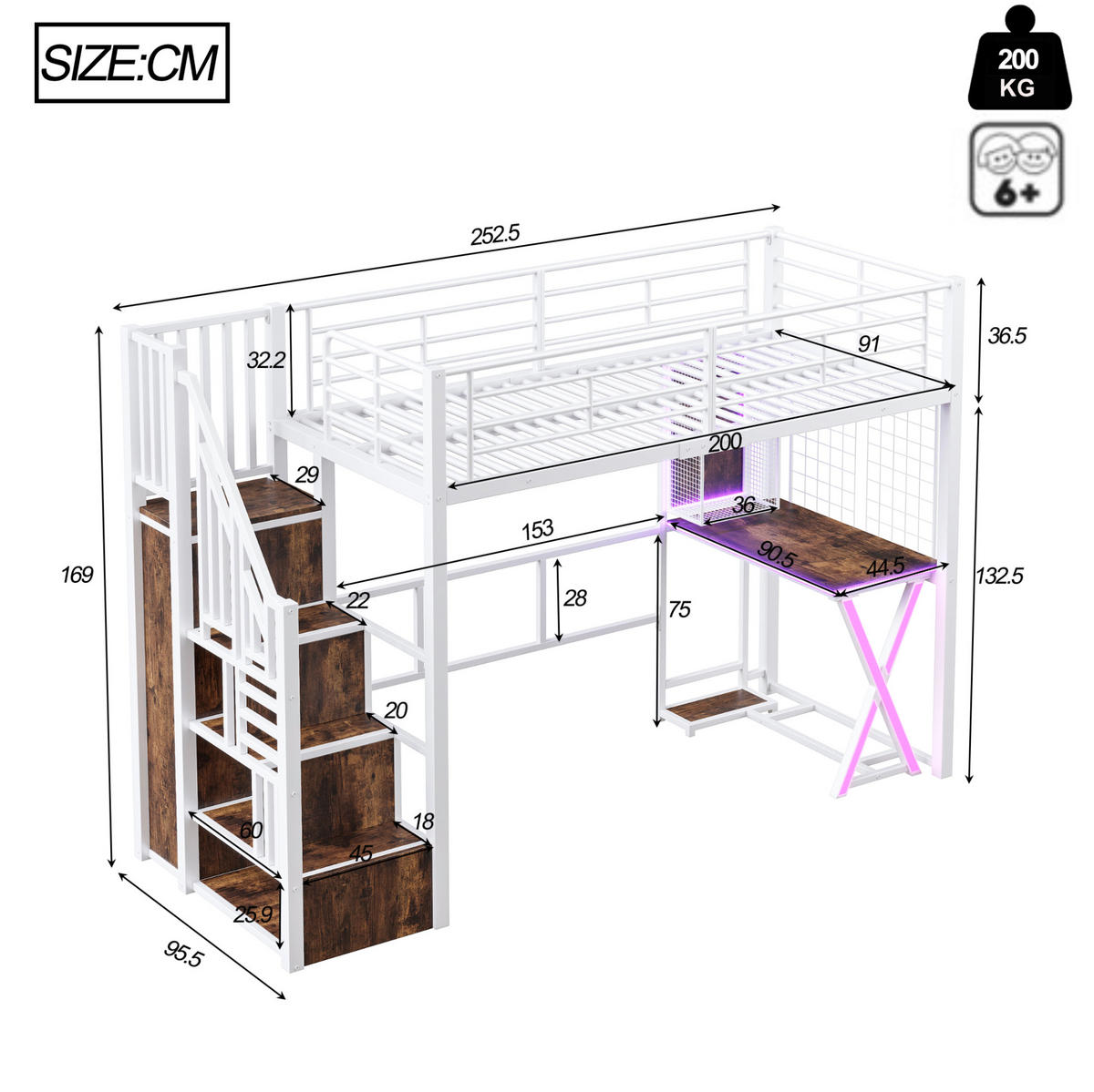 HOCHBETT 90/200 cm aus Metall und MDF mit Schreibtisch, Kleiderschrank und LED-Beleuchtung Weiß - Weiß, Metall (90/200cm) - Modenvie