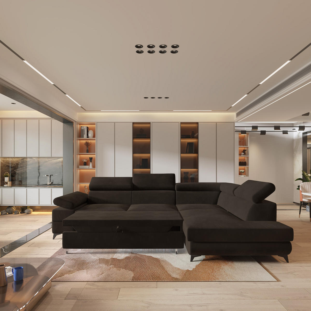 ECKSOFA FAVIEN R-S Braun Velours-Stoff mit Schlaffunktion - Braun, Holz (257/190cm) - MASSENO